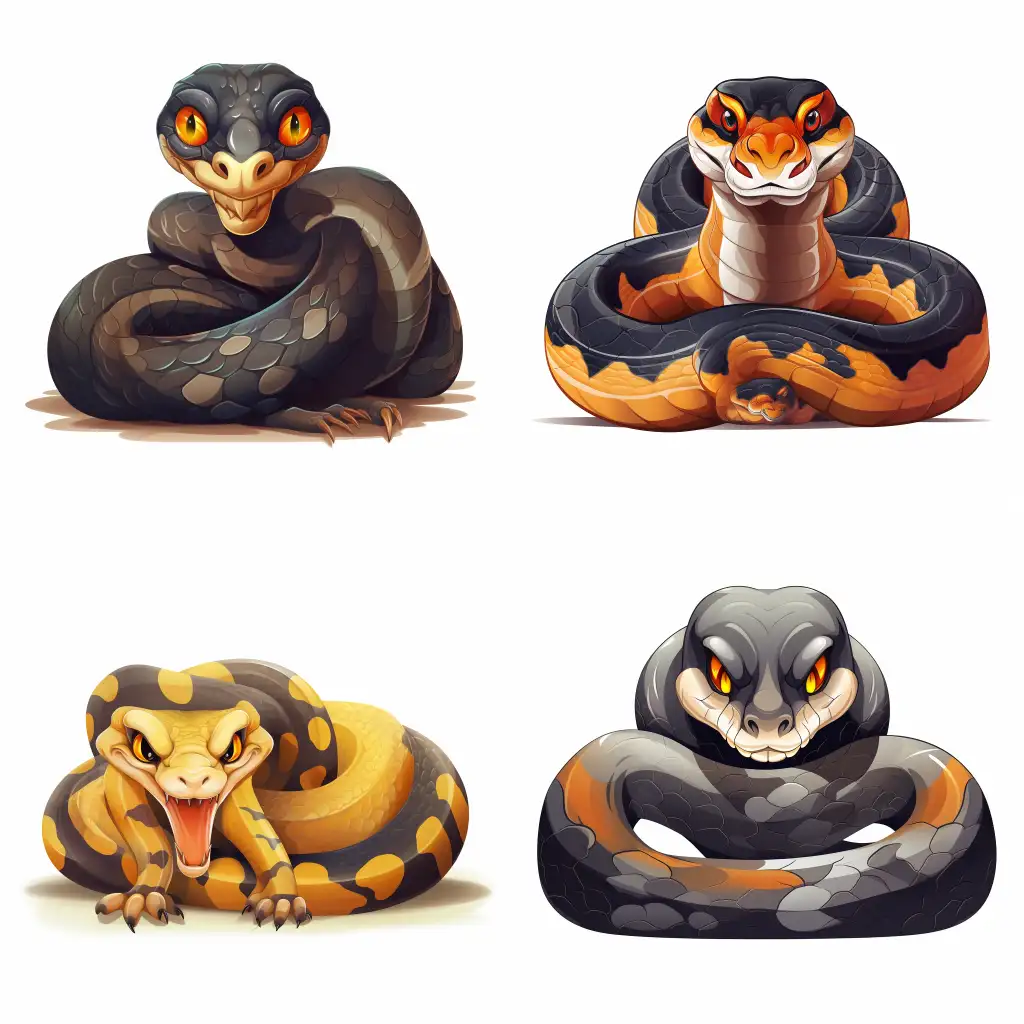 anaconda with orange eyes curled up, on a white background, cartoon style