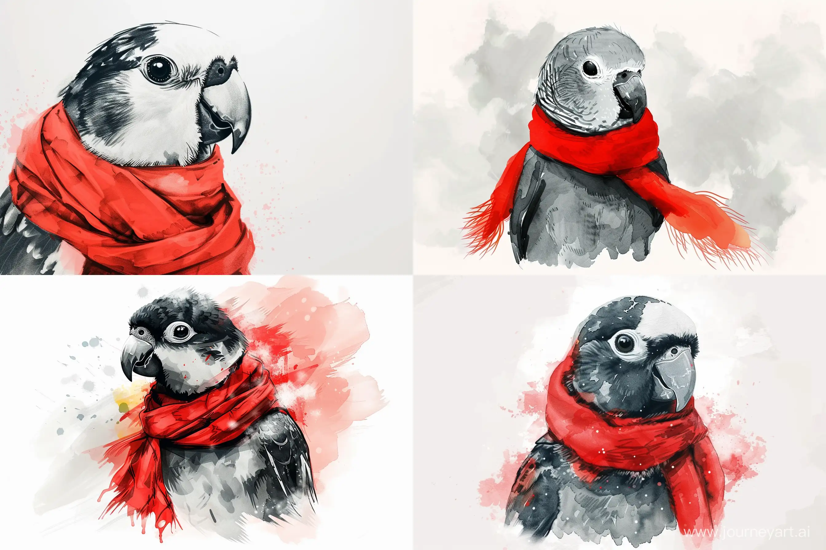 black and white cartoon baby parrot portrait wearing a red scarf, high detailed, watercolor style, white background. -- 5.2 --ar 3:2