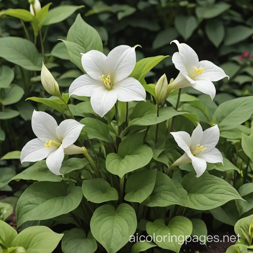 Trillium plant in garden, Coloring Page, black and white, line art, white background, Simplicity, Ample White Space. The background of the coloring page is plain white to make it easy for young children to color within the lines. The outlines of all the subjects are easy to distinguish, making it simple for kids to color without too much difficulty