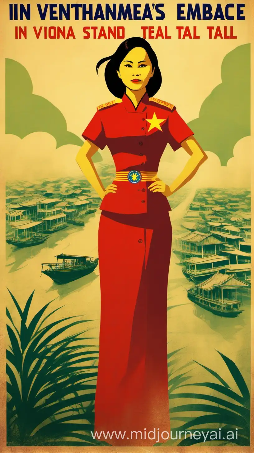 vietnamese propaganda styled poster that says "
In Vietnam's embrace, women stand tall,
A testament to resilience through it all."