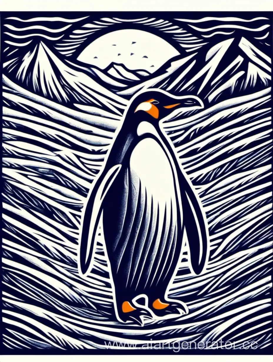 пингвин в антарктиде в стиле линогравюра