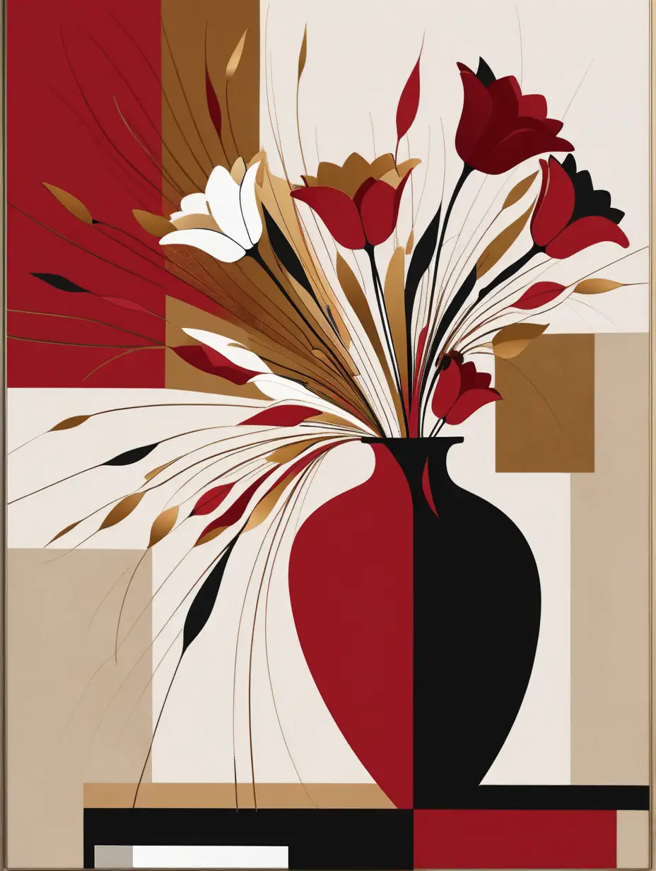 Contemporary Red Gold and White Flower Vase Art
