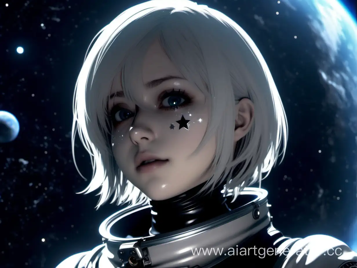 Yorha 2B, в скафандре, в космосе, в глазах отражаются звезды, смотрит в сторону