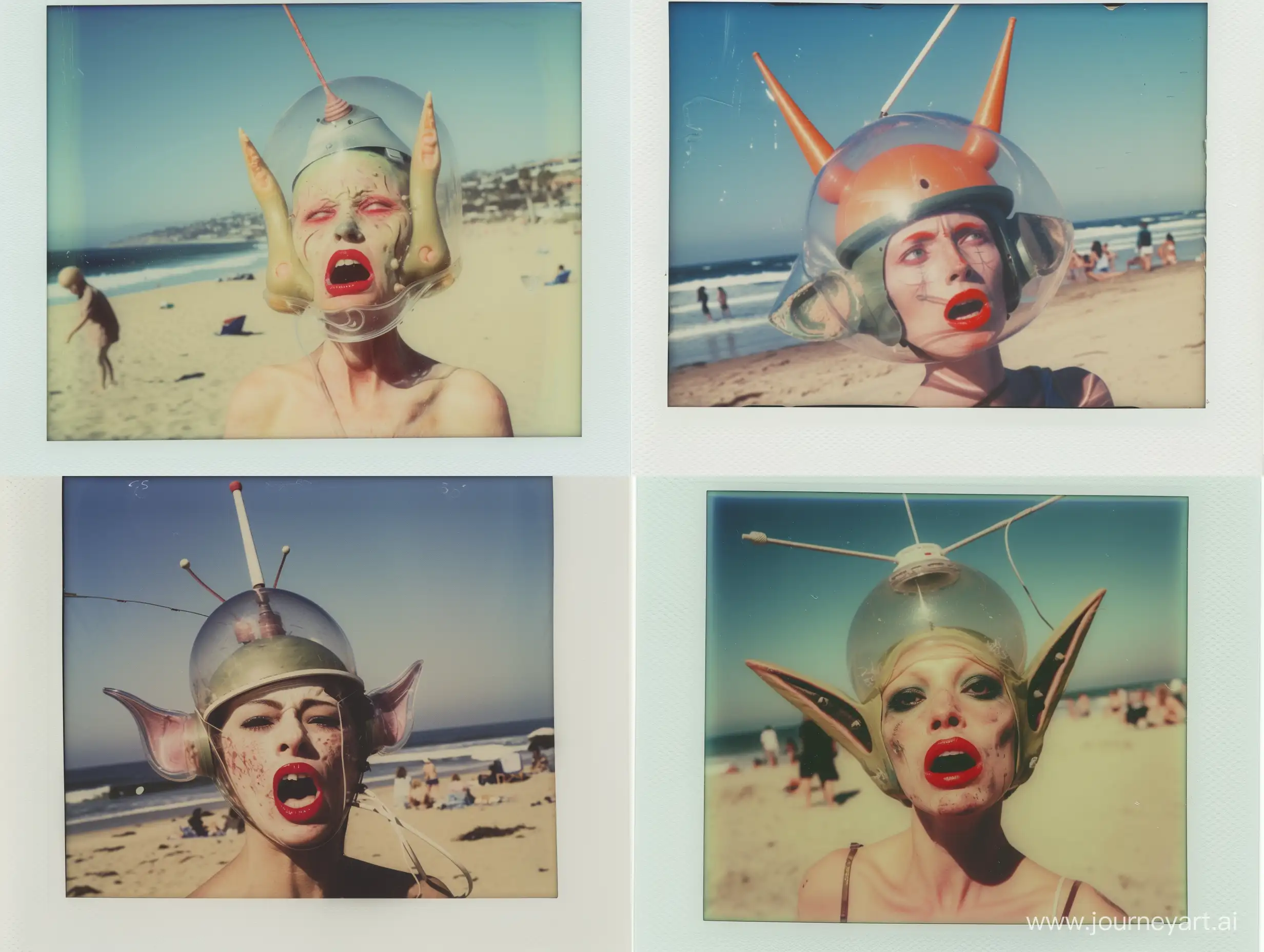 Polaroid photo of emotionaly disordered alien women with wierd ears on California beach with plastic transparent helmet, red lipstick, shouting mouth, With a radio antenna on his head,Waist-length photo