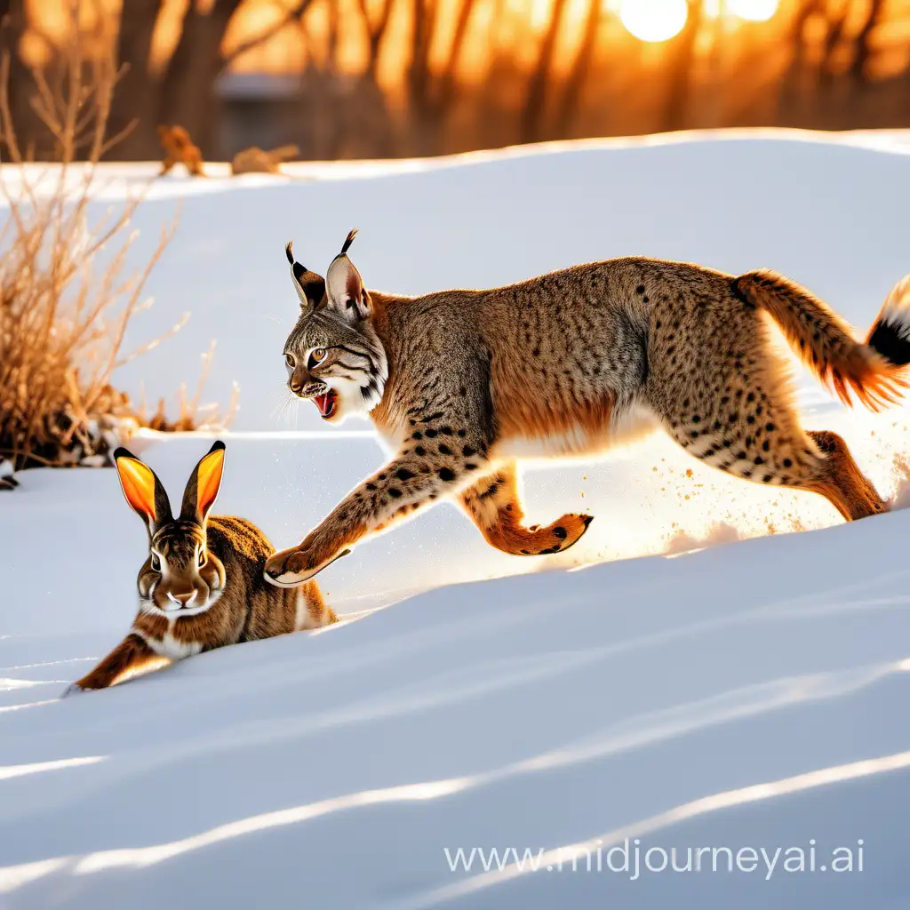 Bobcat chasing a rabbit in the snow golden hour realistic 