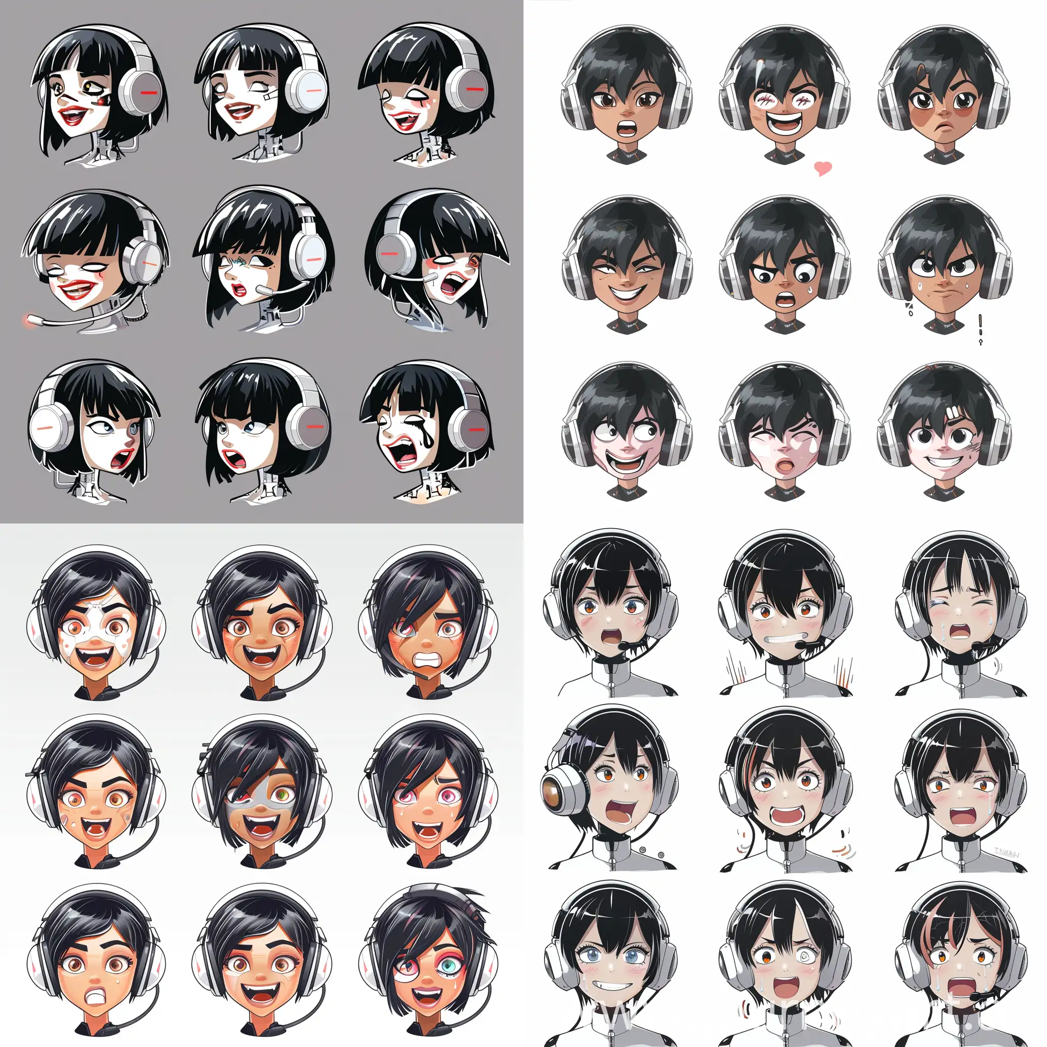 Cyborg girl with short pixie black hair, White gamer headset, , twitch emoji set (laughing, smiling, smiling widely, crying, yelling, angry, in love, shy, money, depressed) --v 6 --ar 1:1