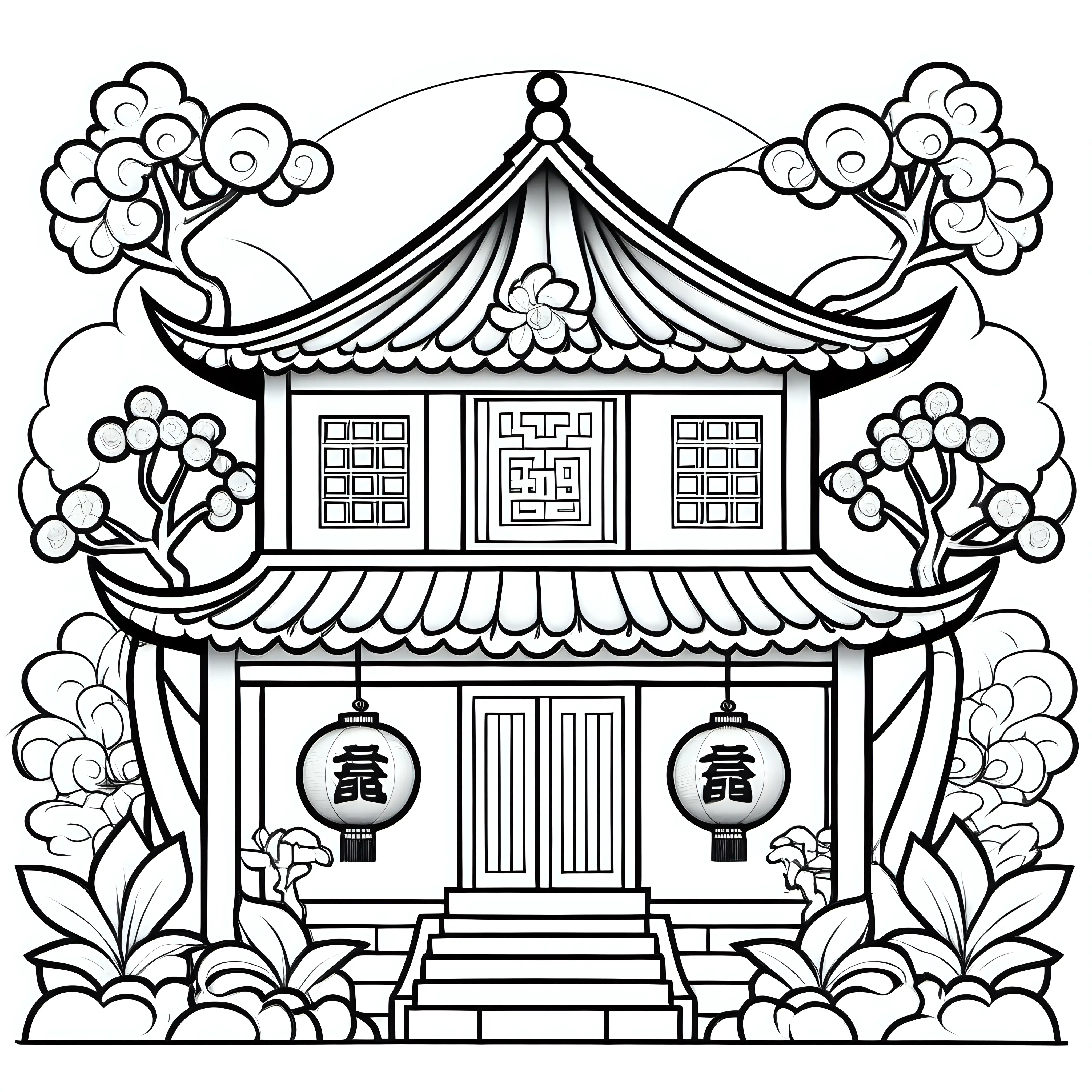 basic kids colouring book page, house with Chinese new year decoration, lunar new year,  cartoon style, no shading, outline only for colouring
  
