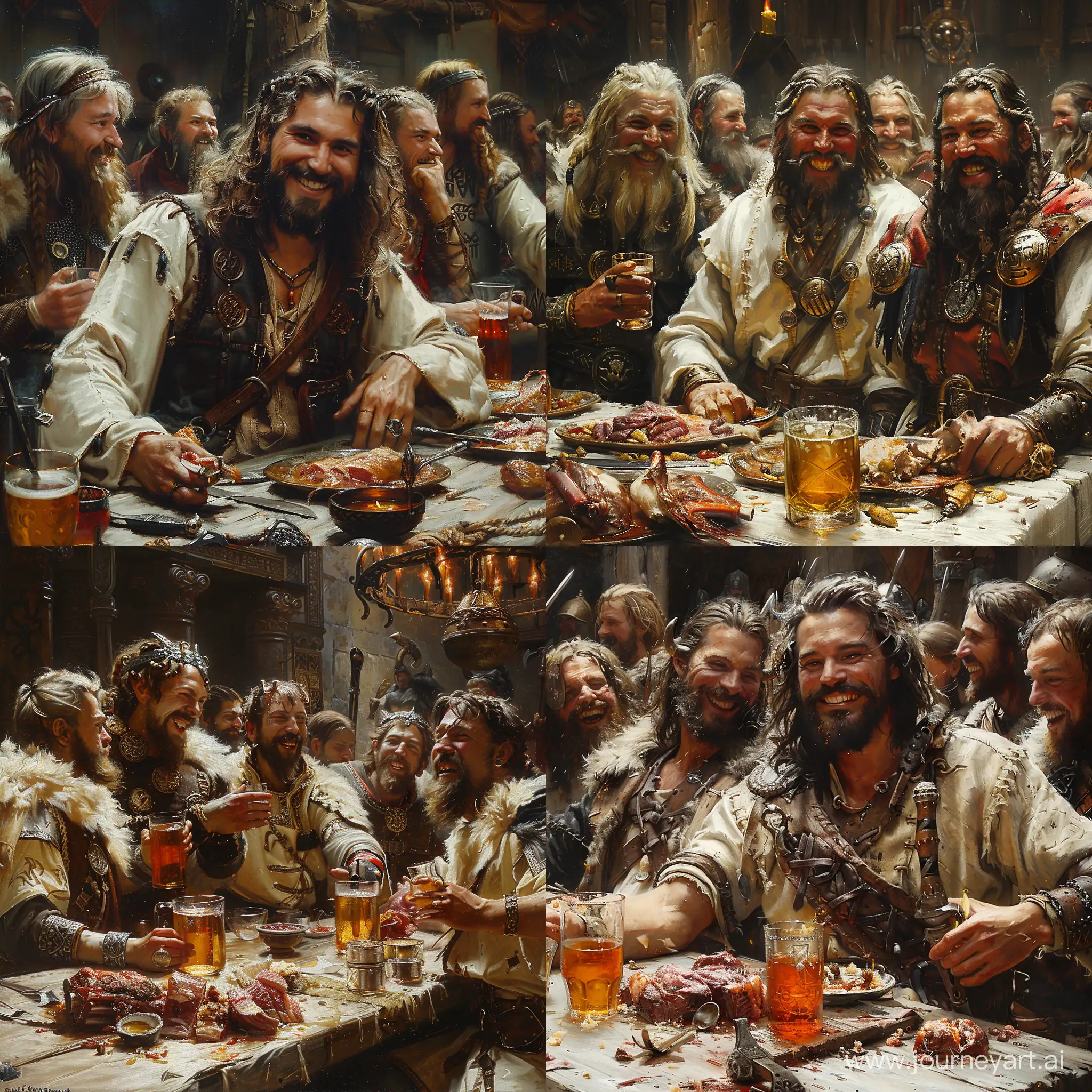 vikings feasting in the halls of Odin, (painting by gaston bussiere, greg rutkowski, ilya repin, Josef von Brandt, oil on canvas, trending on artstation, featured on pixiv, cinematic composition, extreme detail, metahuman creator, epic background), ((happy smiles, laughing)), viking warriors eating and drinking, exquisite clothing detail, dining table, ale and meat, close up highly detailed --style raw --stylize 750