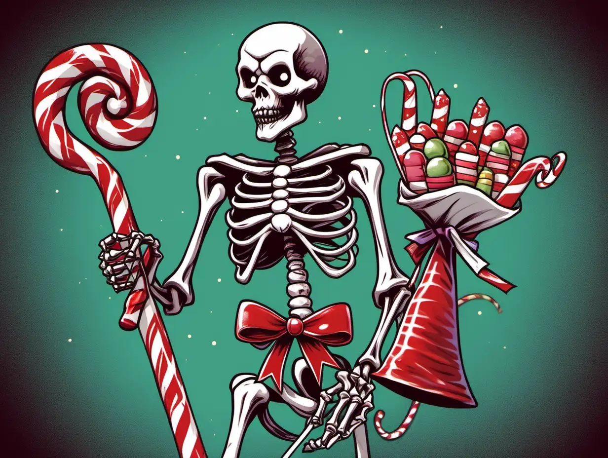 An evil skeleton holding a large candy cane