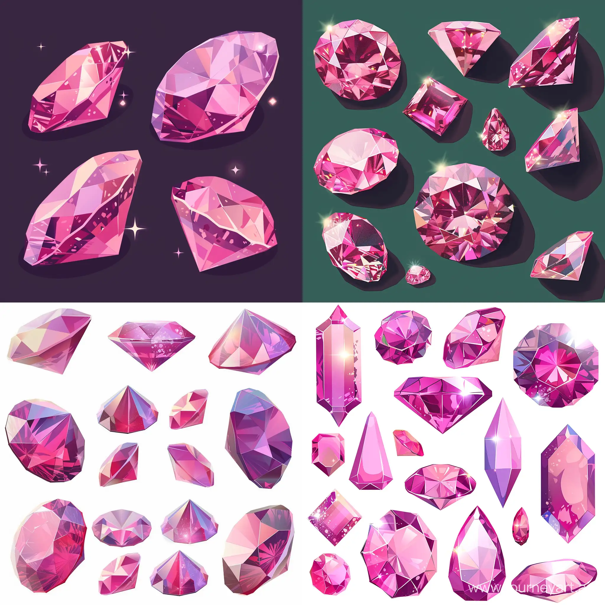 Pink diamonds, translucent, transparent, glittering, sparkling, high quality, in cartoon flat style