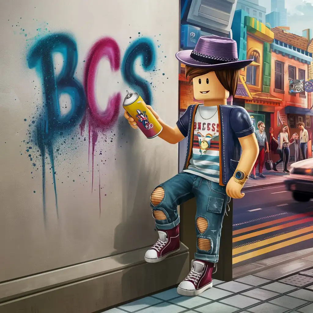 Очень модный роблокс подросток краской краской рисует на стене английское слово BCS и нечего другого