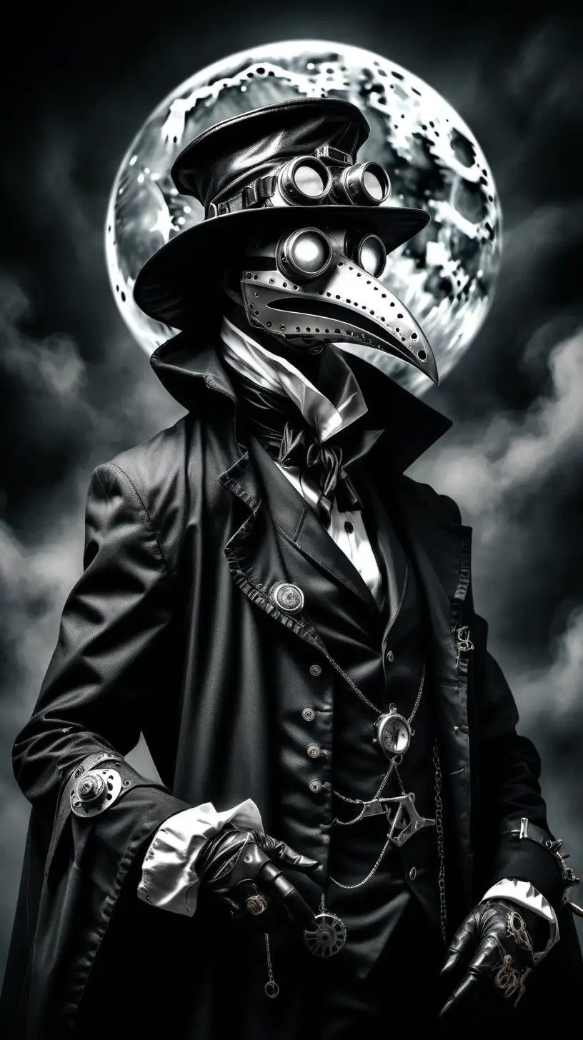 Portrait of steampunk plague doctor, full moon, greyscale