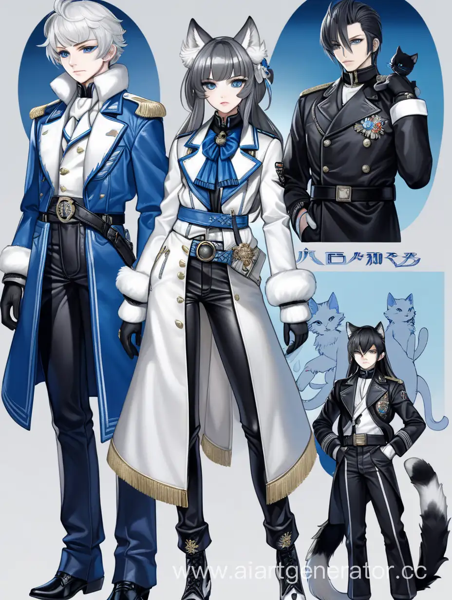 A boy with dark blue wolf ears, dark blue loosen hair, 
 grey eyes, pale skin, wearing white leather detailed jacket, black shirt, black pants with detailed belt, black gloves, black shoes standing with; A white haired catgirl with blue eyes, ponytail, white cat ears, long white fluffy tail, fair skin, wearing an uniform with blue detailed jacket with silver details and white pants, high heels with dark blue to light blue gradient, with white fluff on the shoes, white gloves, looks like a Russian 19th century officer