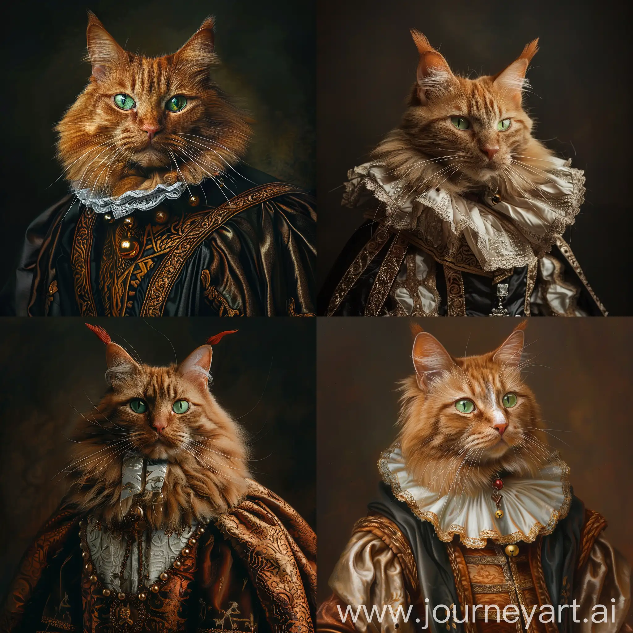Portrait of a red-haired cat with green eyes in luxurious noble clothes from the Middle Ages