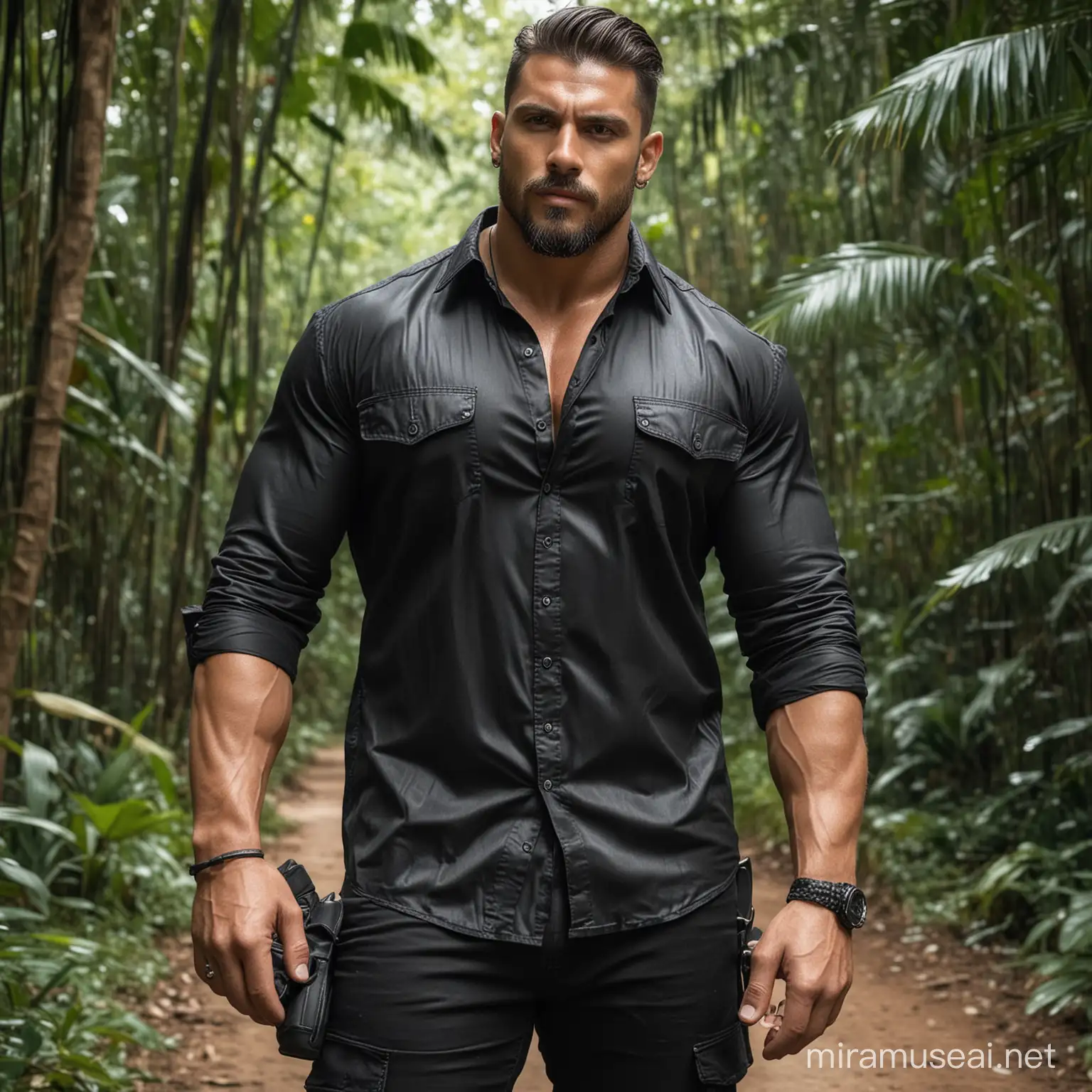 Big giant muscular build men wearing unbuttoned black shining double pocket shirt at jungle on heavy motor bike