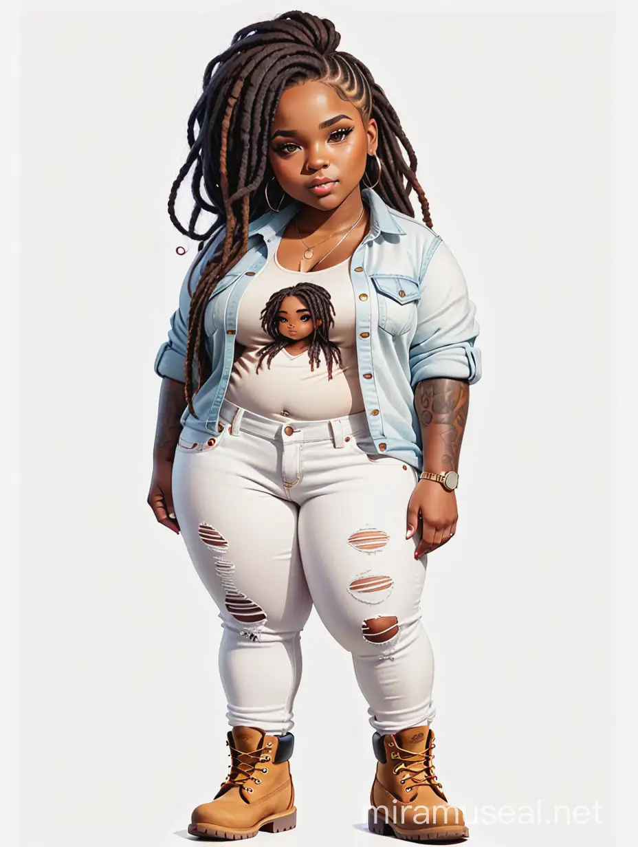 create a watercolor art image of a plus size chibi dark skinned Black female wearing a white jean outfit with timberland boots. Prominent make up with brown eyes. Highly detailed dread locs