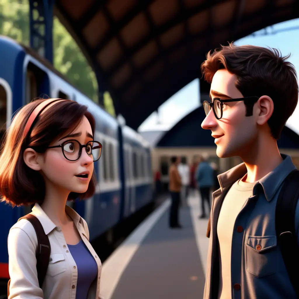 Style Pixar, 
Fille brune française au yeux marron mignonne taille moyenne parlant avec un garçon brun au yeux bleu avec des lunette 
À la gare avec une RE460 derrière 
