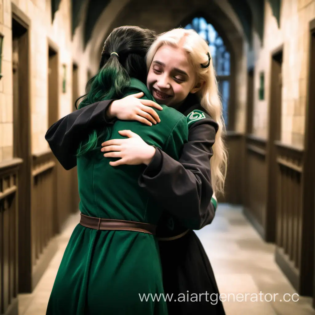 a young beautiful girl with blonde hair joyfully hugs a girl with black hair in the shape of Slytherin in the hallway of Hogwarts, day, around other students