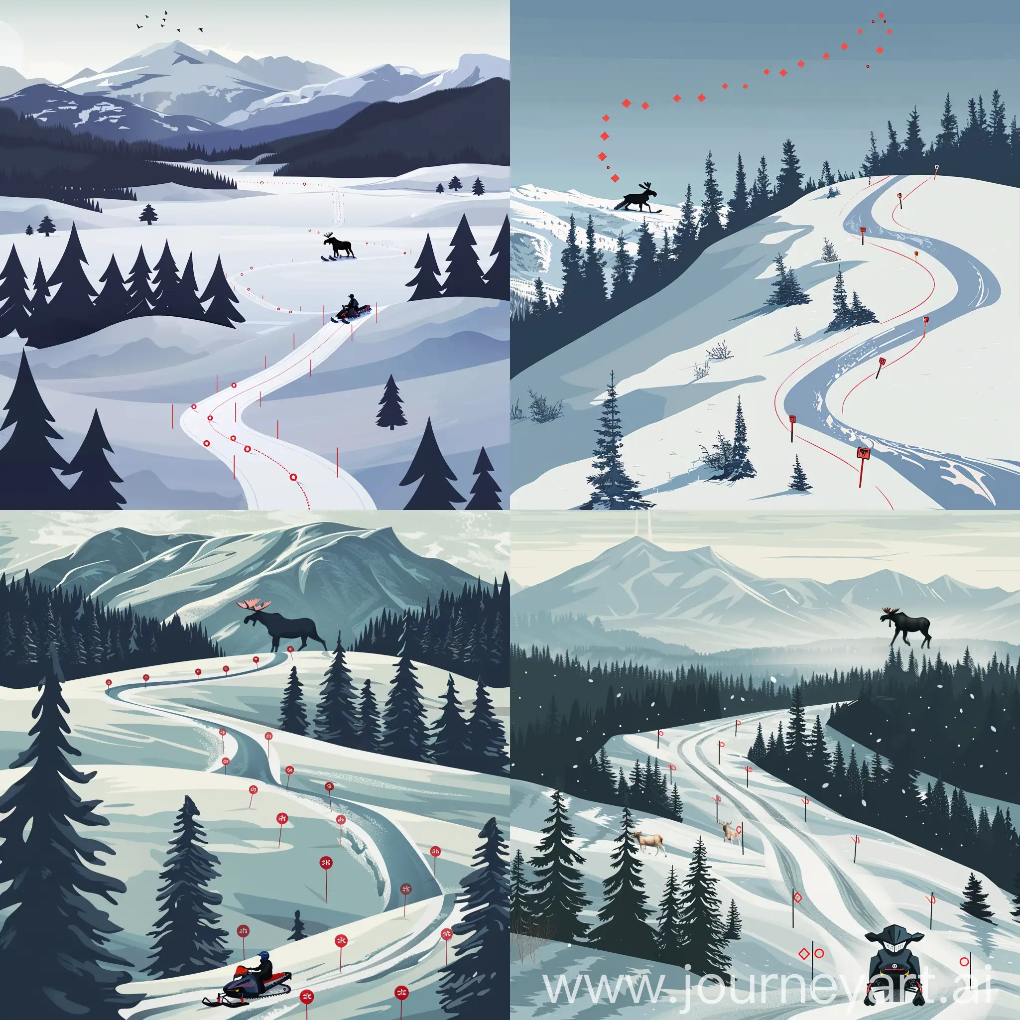 Nordic-Mountain-Snowmobile-Adventure-with-Moose-and-Red-Trail-Markers