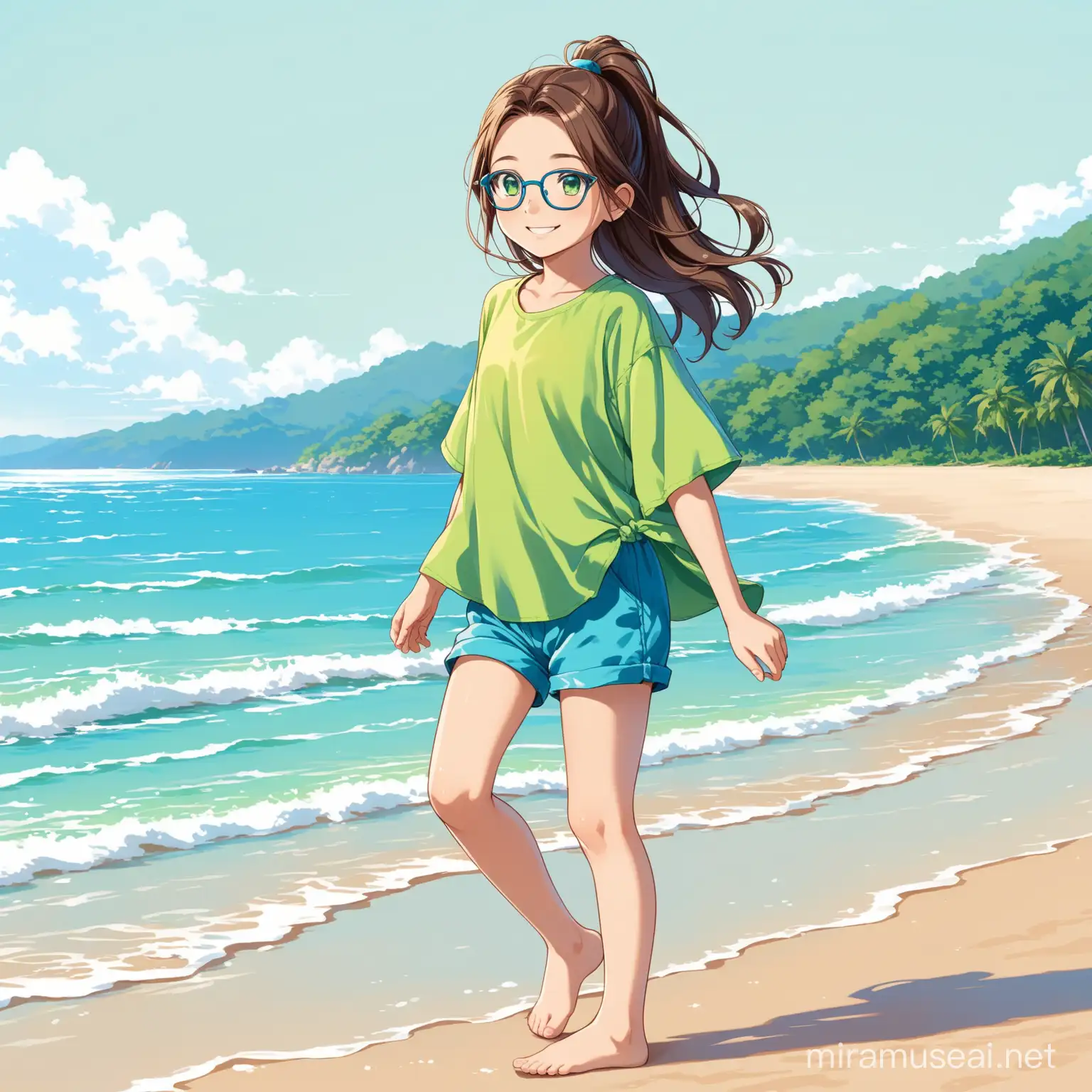 11 year old girl, long wavy brown hair in a high ponytail, green eyes, blue glasses, smiling, lemon colored loose shirt, baggy blue shorts, bare foot, walking along the shore line, smiling, 