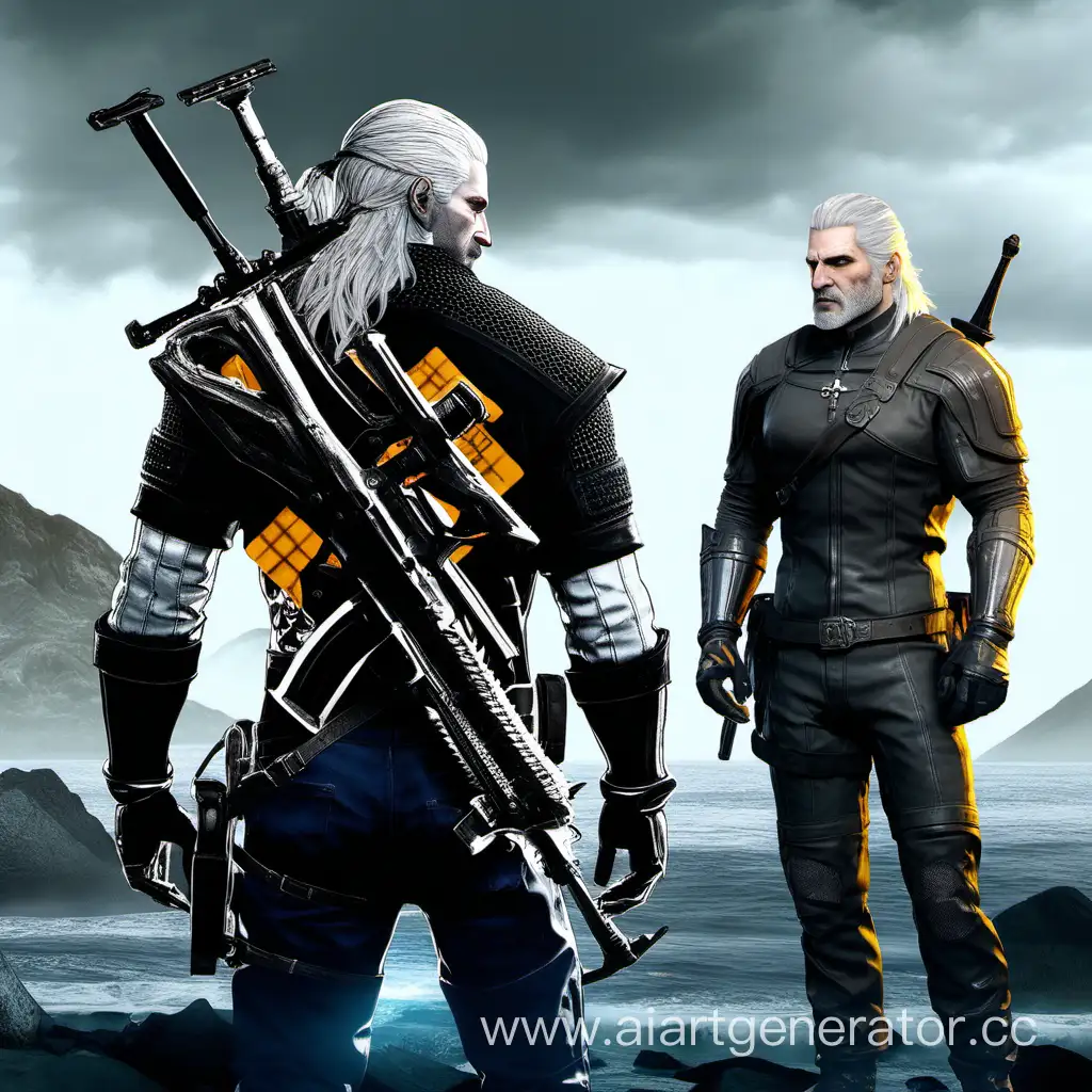 Geralt from the game The Witcher 3 stands next to Sam Bridges from the game Death Stranding in the world of Death Stranding