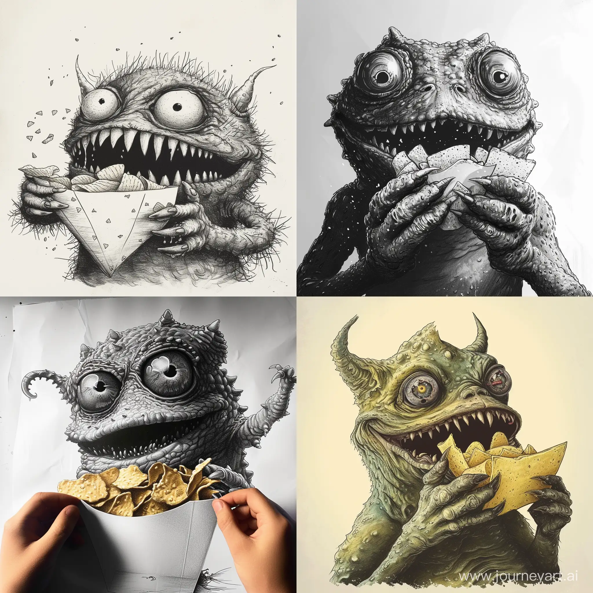 Adorable-Monster-Enjoying-Chips-HandDrawn-Photorealistic-Art