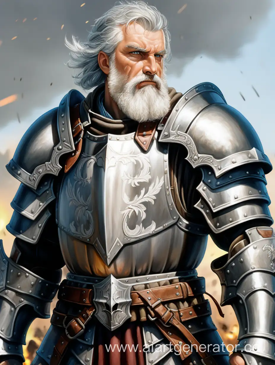взрослый мужчина, крепкого телосложения, в тяжелых латах, без шлема, седой, с бородой, паладин, на фоне поля битвы