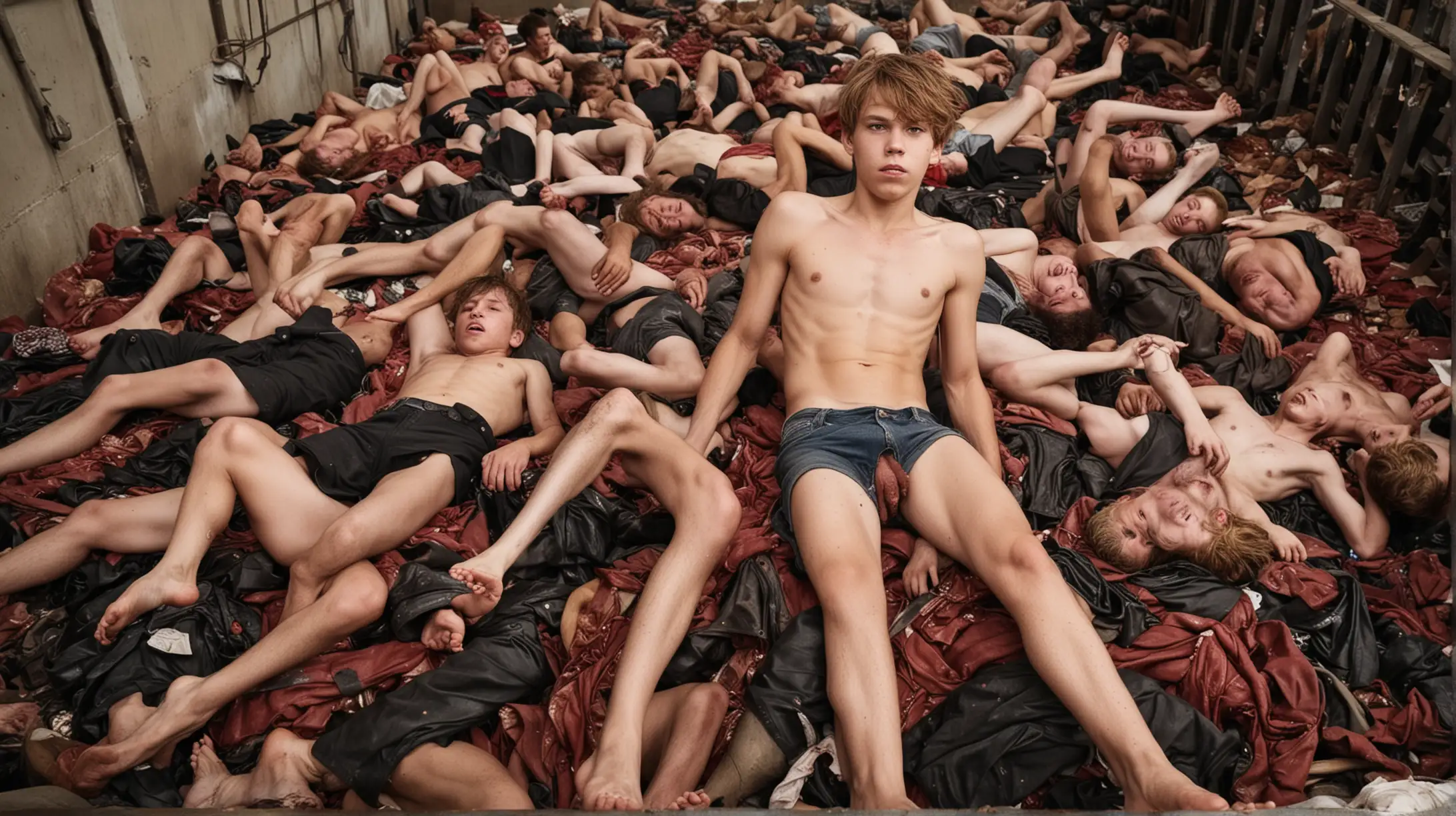 A heap of about ten dead boys between the ages of 12 and 17, piled up in a heap of chaos, blonde, brown, black and red hair, barefoot, shirtless, don't wearing any clothes at all.. Front view, wide-range view, feet visible, in Backround a slaughterhouse
