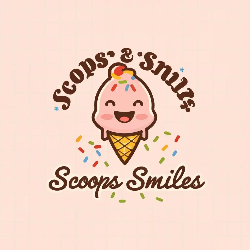 a logo design,with the text "Scoops & Smiles", main symbol:Cartoon ice cream with two cones for legs. The ice cream should be peach coloured with a smiley face and have sprinkles for hair.,Moderate,clear background