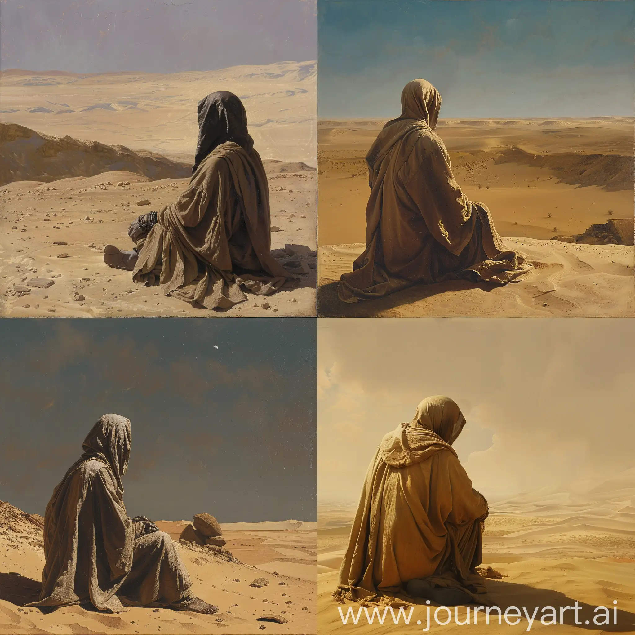 A man in robes waiting for something to happen, whilst in the dessert