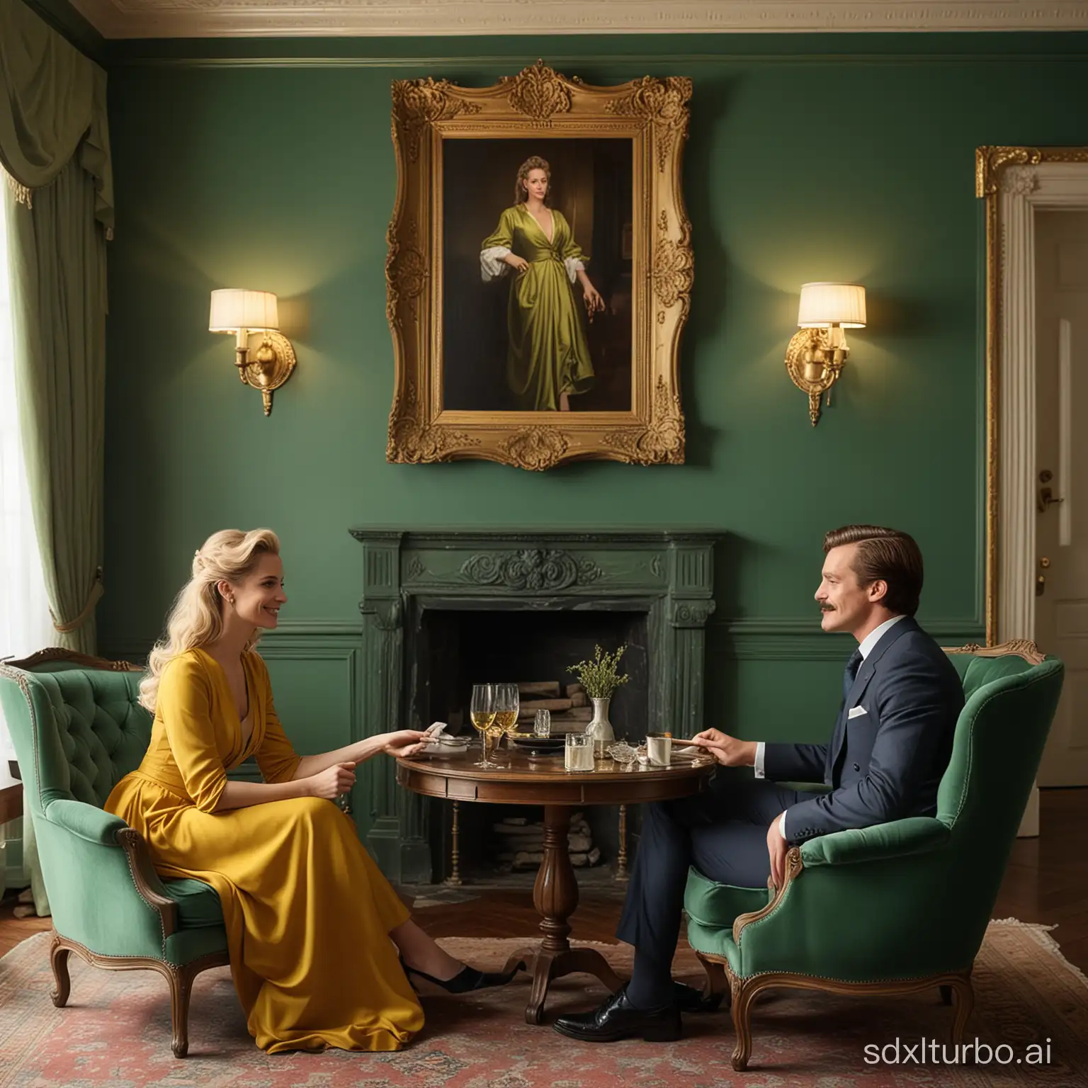 Visualize a sophisticated, intimate setting in a vintage living room. At the center, a man and a woman with blond hair sit opposite each other on plush emerald green upholstered armchairs. The man, positioned on the left, sports a neatly trimmed mustache and is dressed in a sharply tailored navy-blue suit with a white shirt and dark tie. He is holding a stemmed glass, sharing an amused glance with the woman. On the right, the woman is dressed in a flowing golden-yellow gown with long, elegant sleeves. Her hair is styled in an intricate updo. She too is holding a stemmed glass and smiles back at the man. A small glass table stands between them, upon which rests a silver ashtray. The setting is completed by soft green walls with period molding, a dark-framed portrait of a woman hanging on the wall, and a torch-shaped wall sconce. The room is filled with soft lighting, suggesting a peaceful afternoon ambiance.  The woman have to be on the right sit and the man on the left laughing