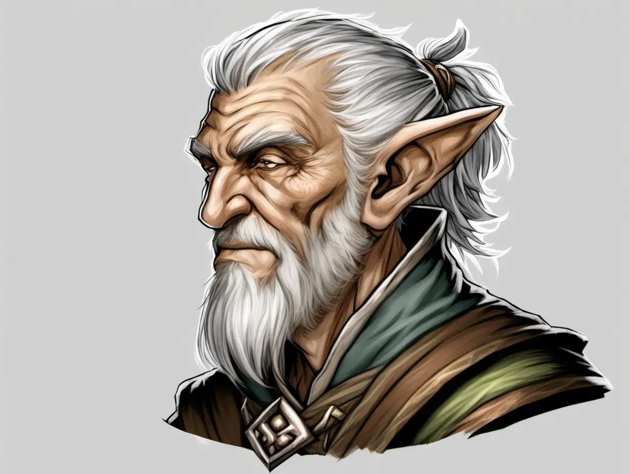 Old Half-Elf, Male, In his 50s, Germanic, druid clothes, short grey hair, a dungeons and dragons character, no background
