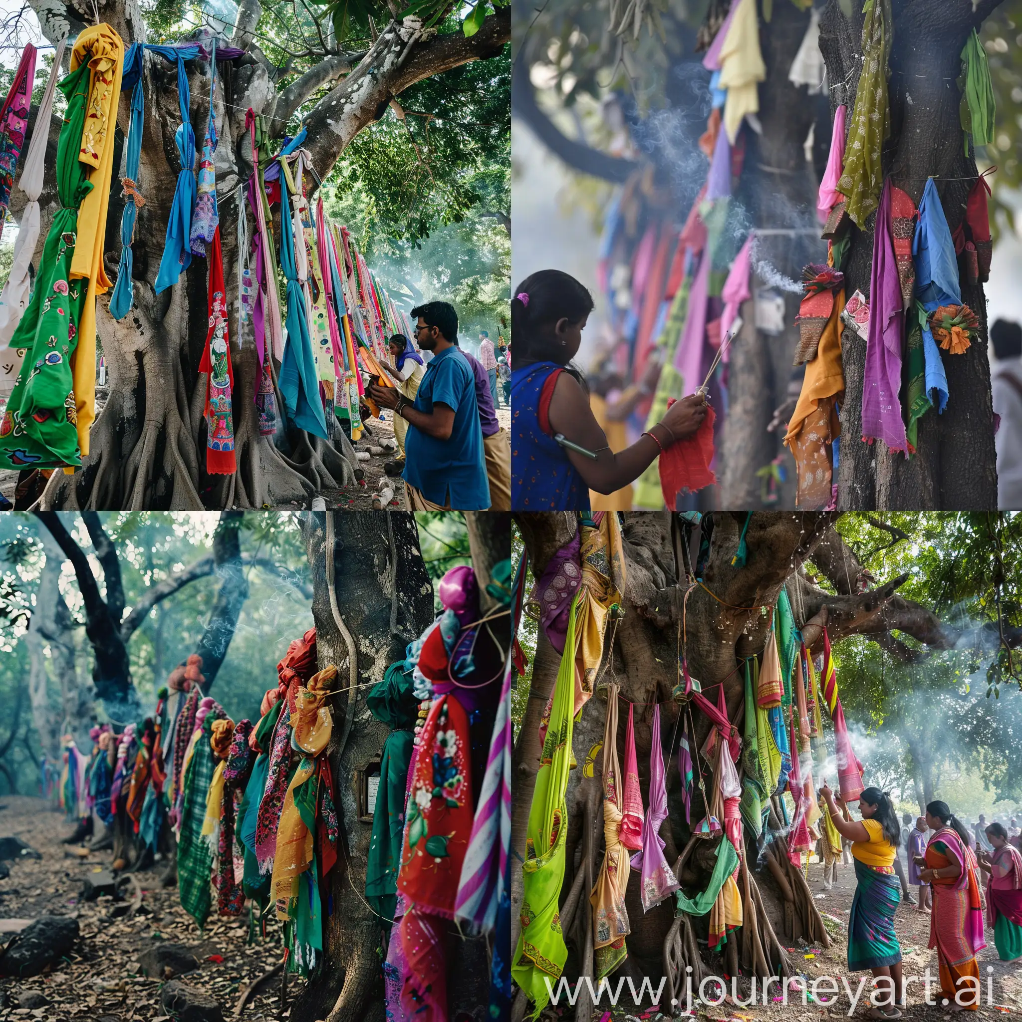 Traditional-Tree-Blessing-Ceremony-with-Colorful-Cloth-Offerings