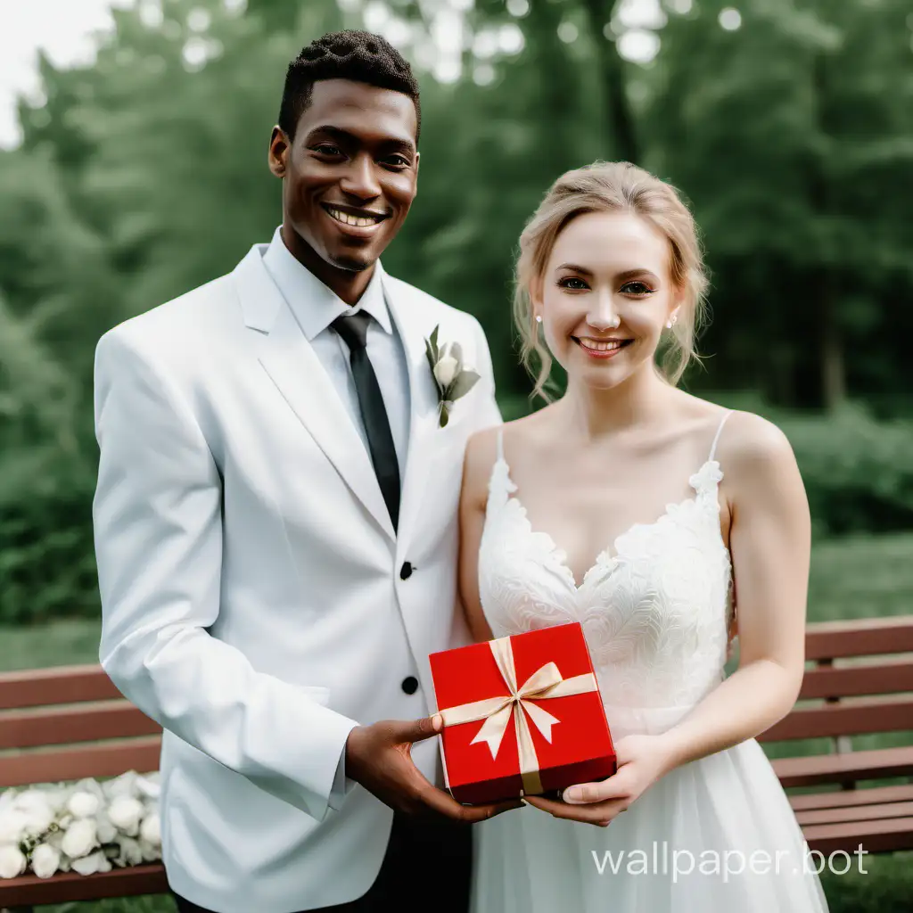 Romantic-Wedding-Gift-Exchange-Happy-White-American-Couple-Embracing-with-Gift-Box