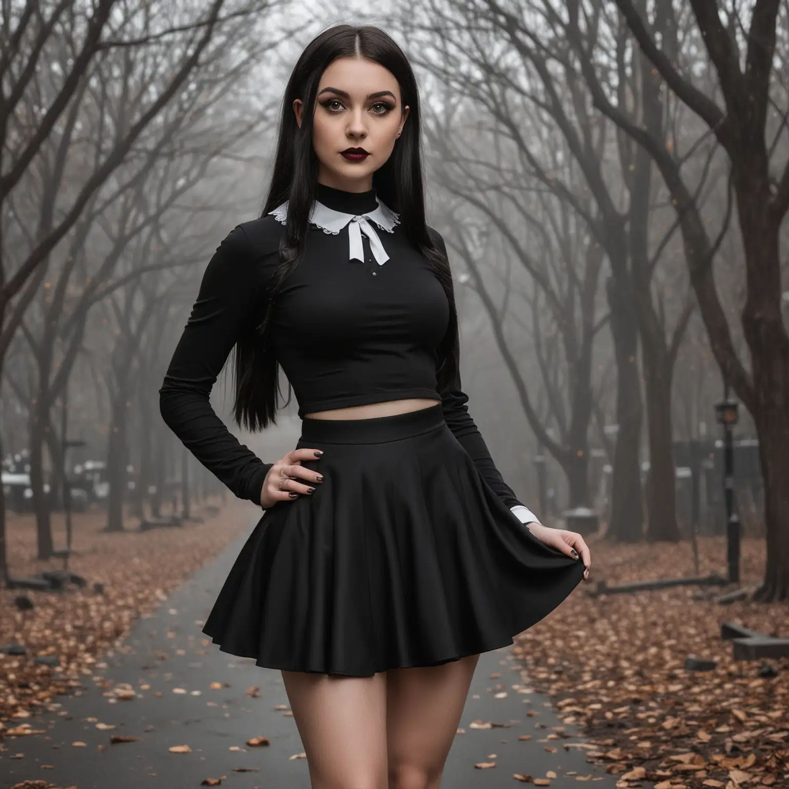 a mockup for a black skater skirt.  the model should be female and resemble wednesday addams.  the background of the photo should resemble nevermore academy