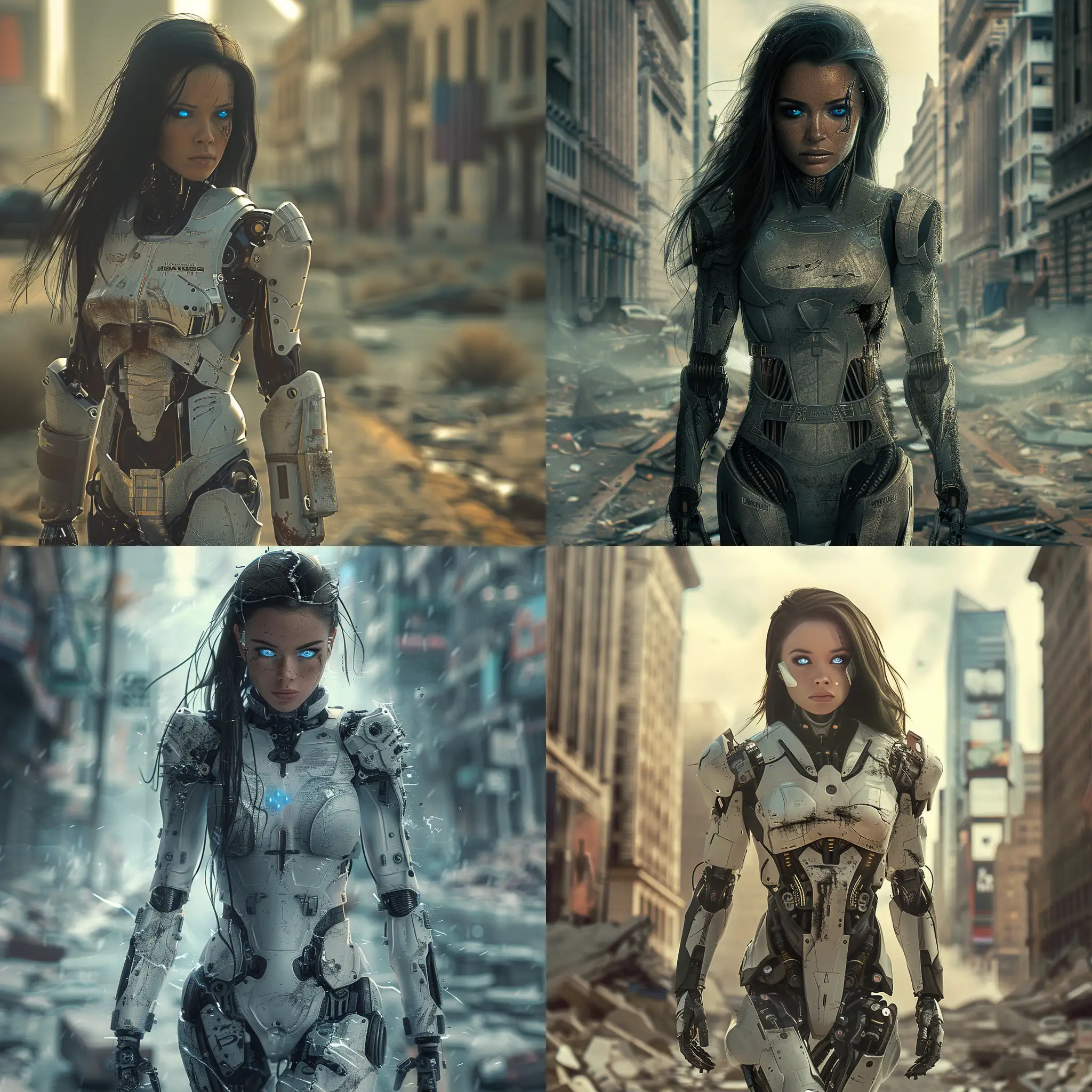 A highly detailed striking image of a beautiful futuristic part robotic cyber woman with sad blue eyes  walking through futuristic apocalyptic America. beautiful magical mysterious fantasy surreal highly detailed. Dystopian