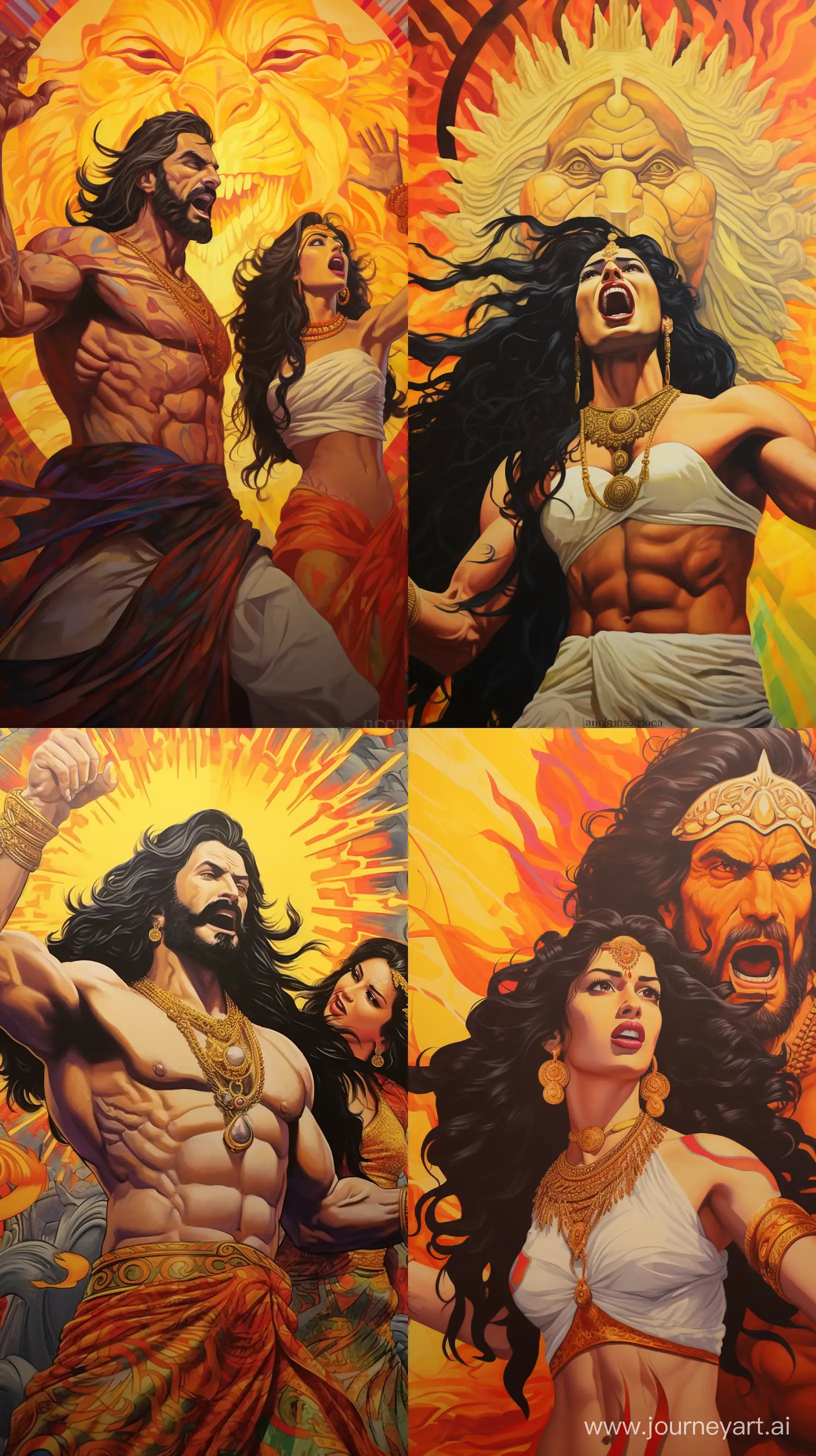Realistic colorful images depicting the Sun god from Hinduism in his forties, with black long hair, muscular, crowned, in bright yellow salwar, standing, yelling with his finger pointed at his wife, close-up image, angry expression, intricate details, serene background, 8k images --ar 9:16