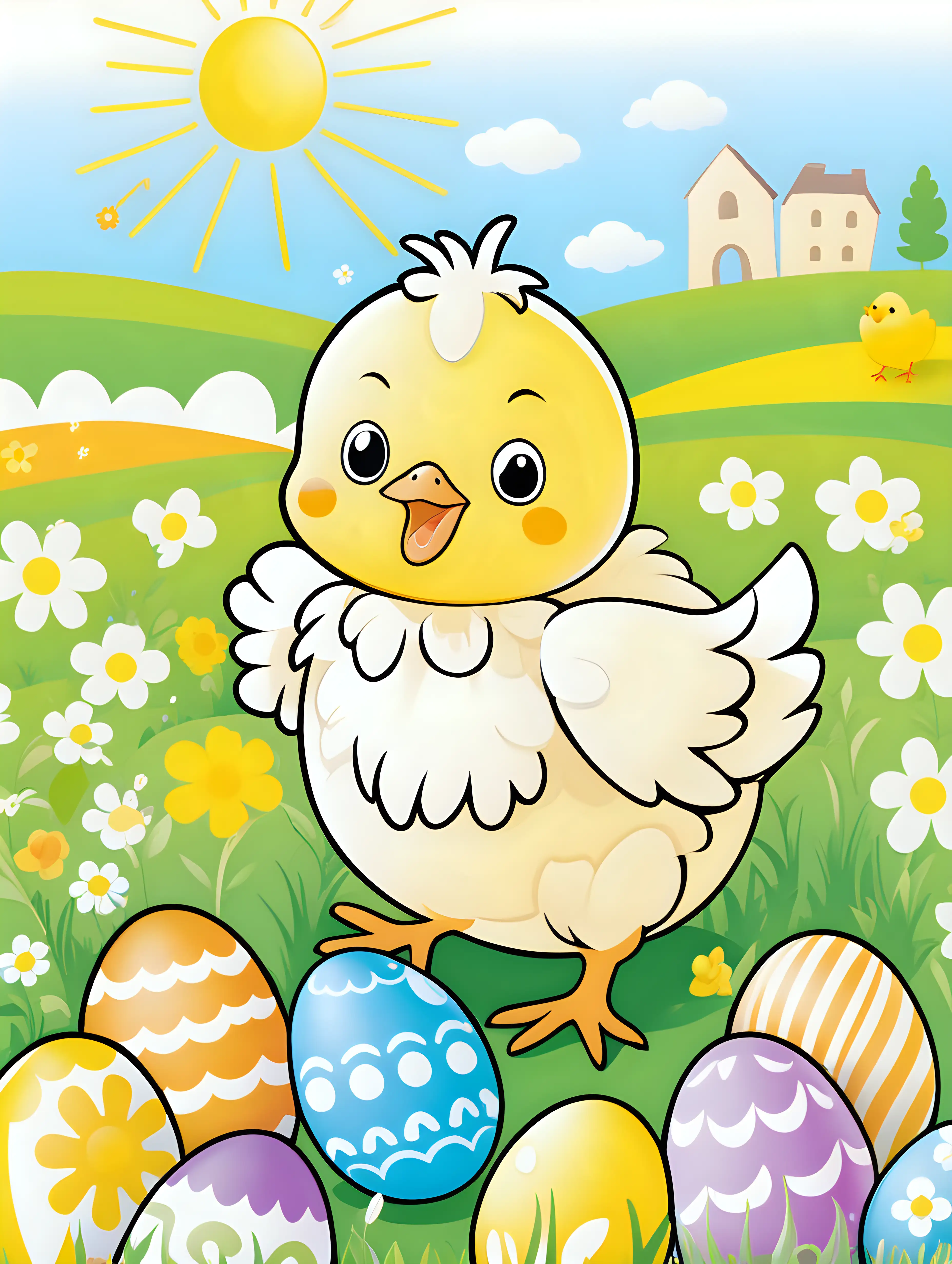 happy kawaii  baby chick, easter atmosphere, spring field, colored , bold art lines, vector, hd