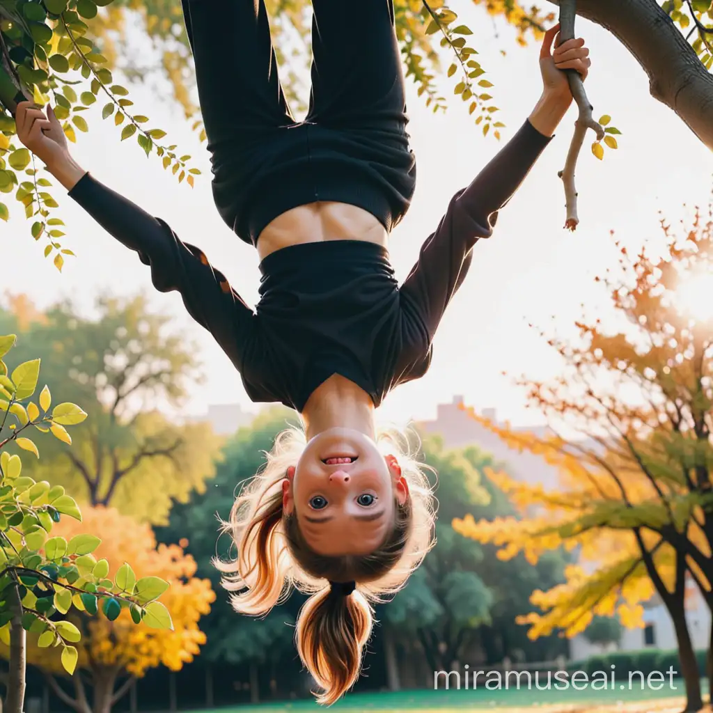 a girl hanging upside down on a tree

