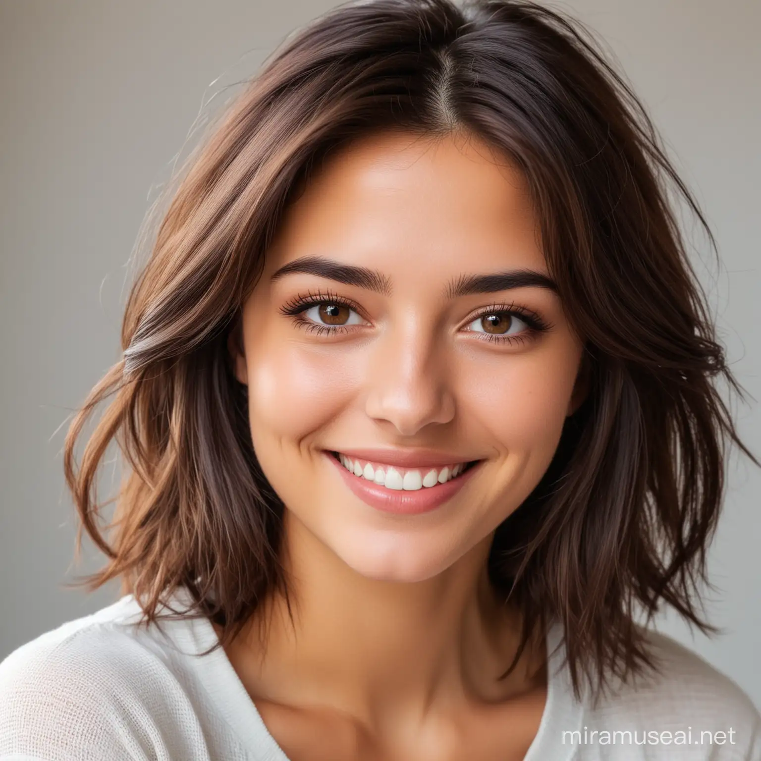 an attractive girl with dark brown hair and brown eyes gently smiling 