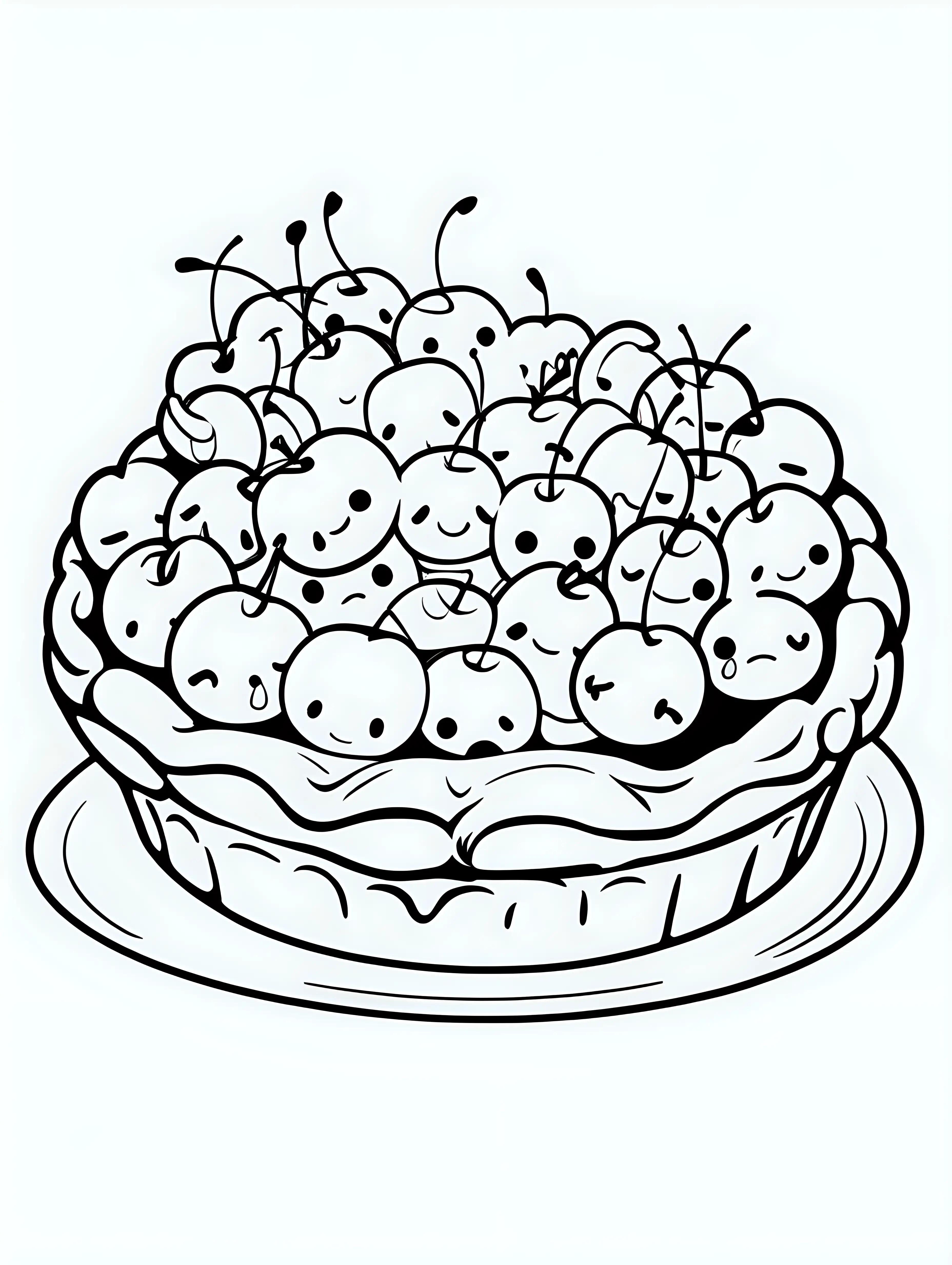 coloring book, cartoon drawing, clean black and white, single line, white background, cute large cherry pie, emojis