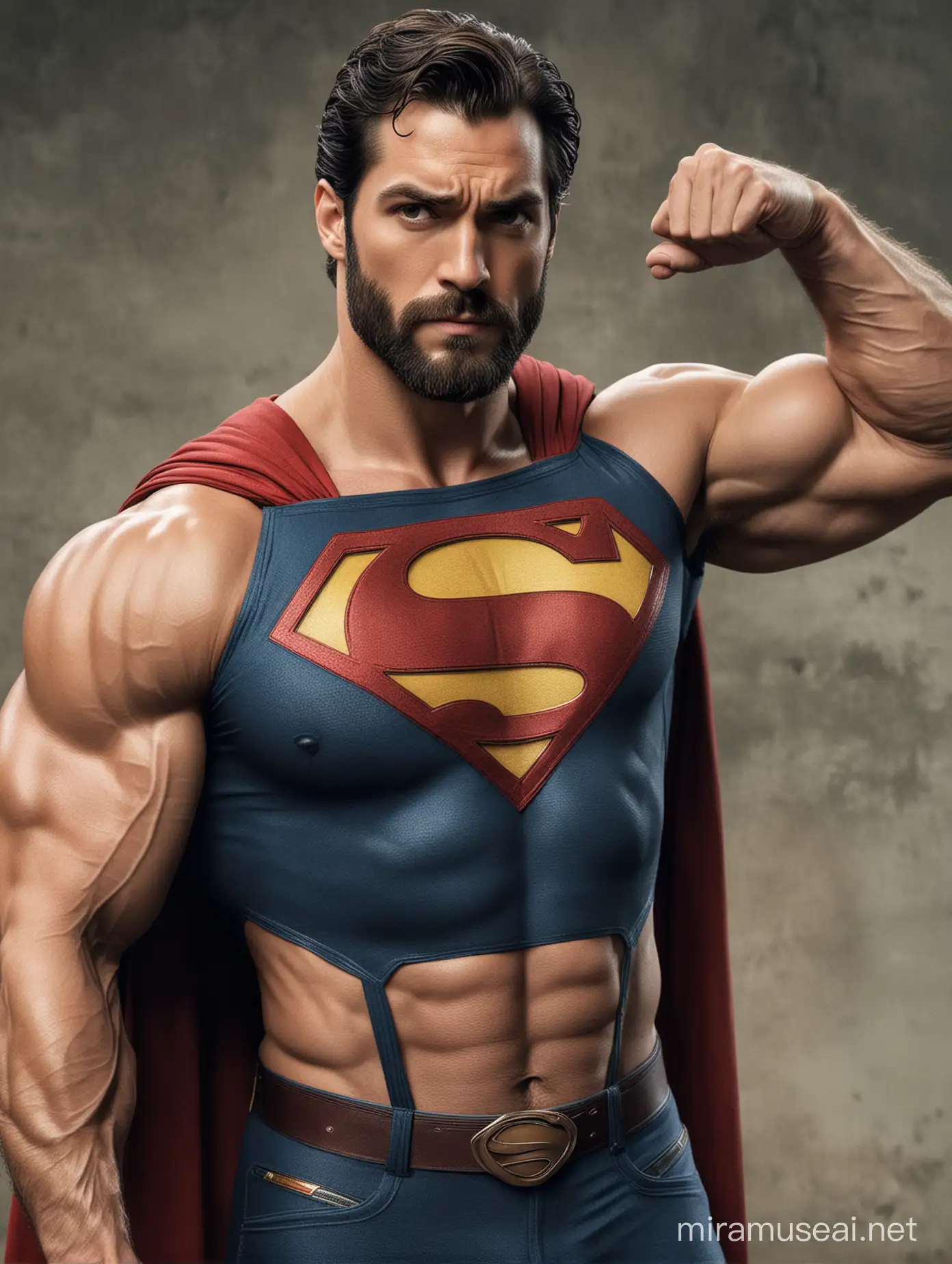 Superman with beard and showing his big biceps and six abs 