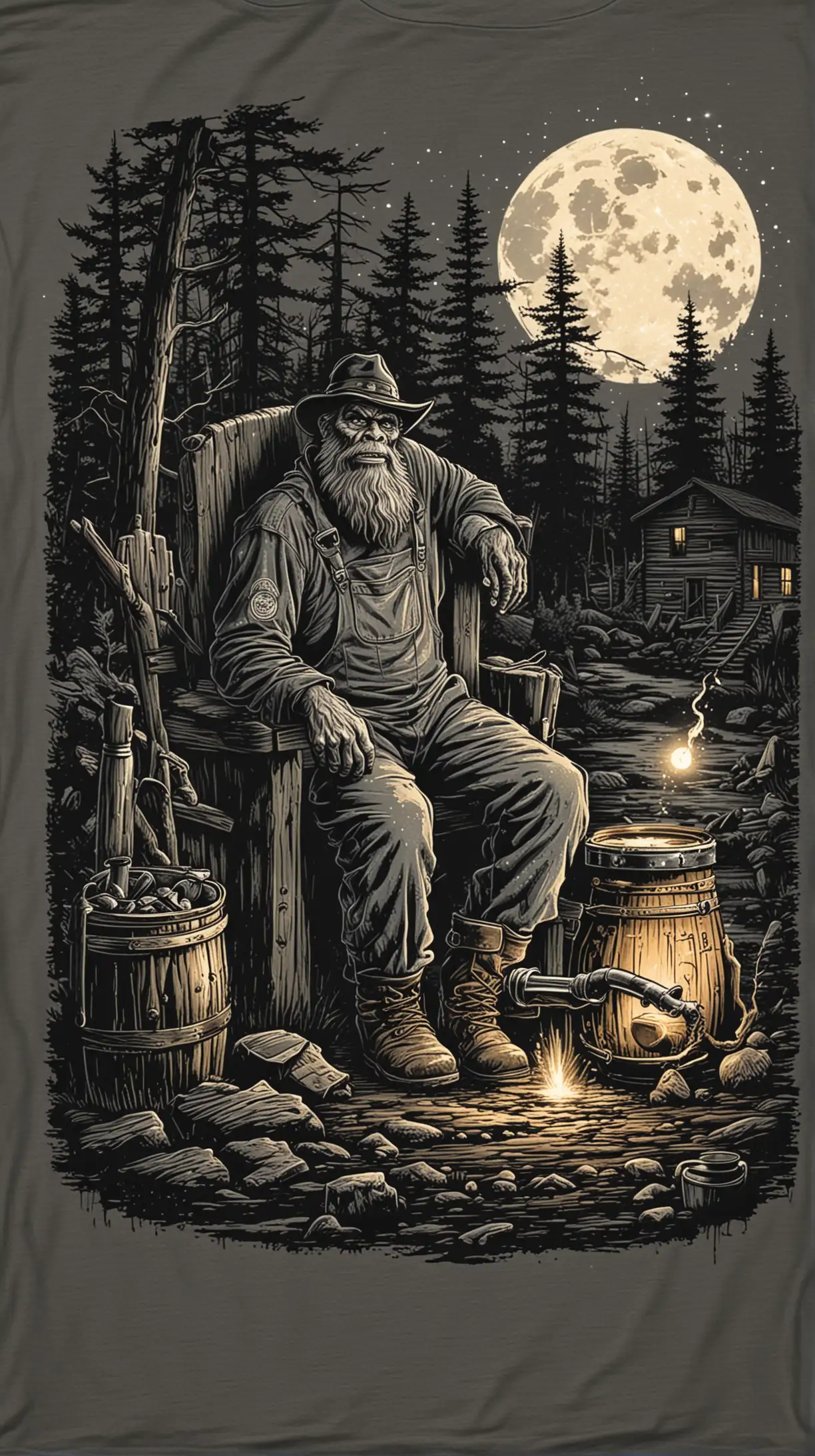 T-shirt spot color style Design with a Crazy looking moonshiner with a night time tone look sitting beside a Moonshine Still with bigfoot in the distance