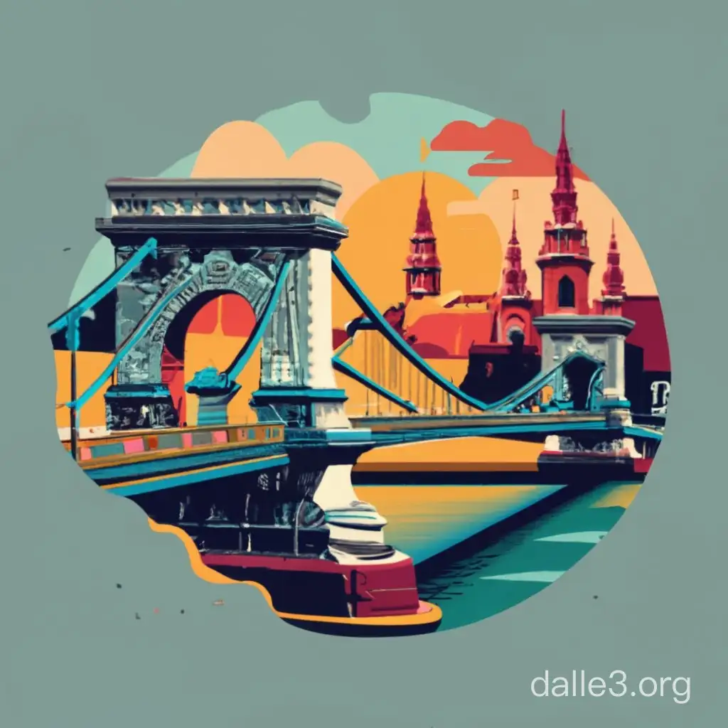 A T-shirt design with vibrant colors in a vintage-style. Vectorized, realistic and mix of modern and historic elements of Budapest bridges.