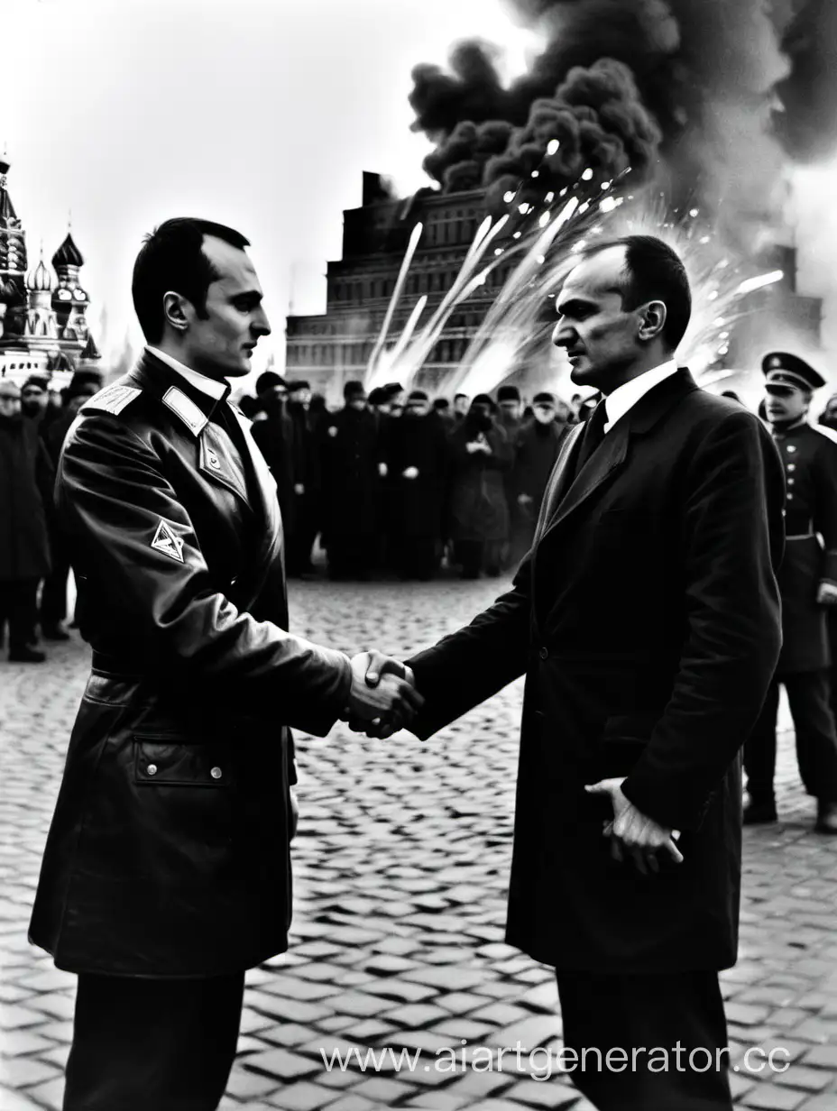 Гарегин Нжде и Степан Бандера жмут друг другу руки, а на фоне горит Красная Площадь