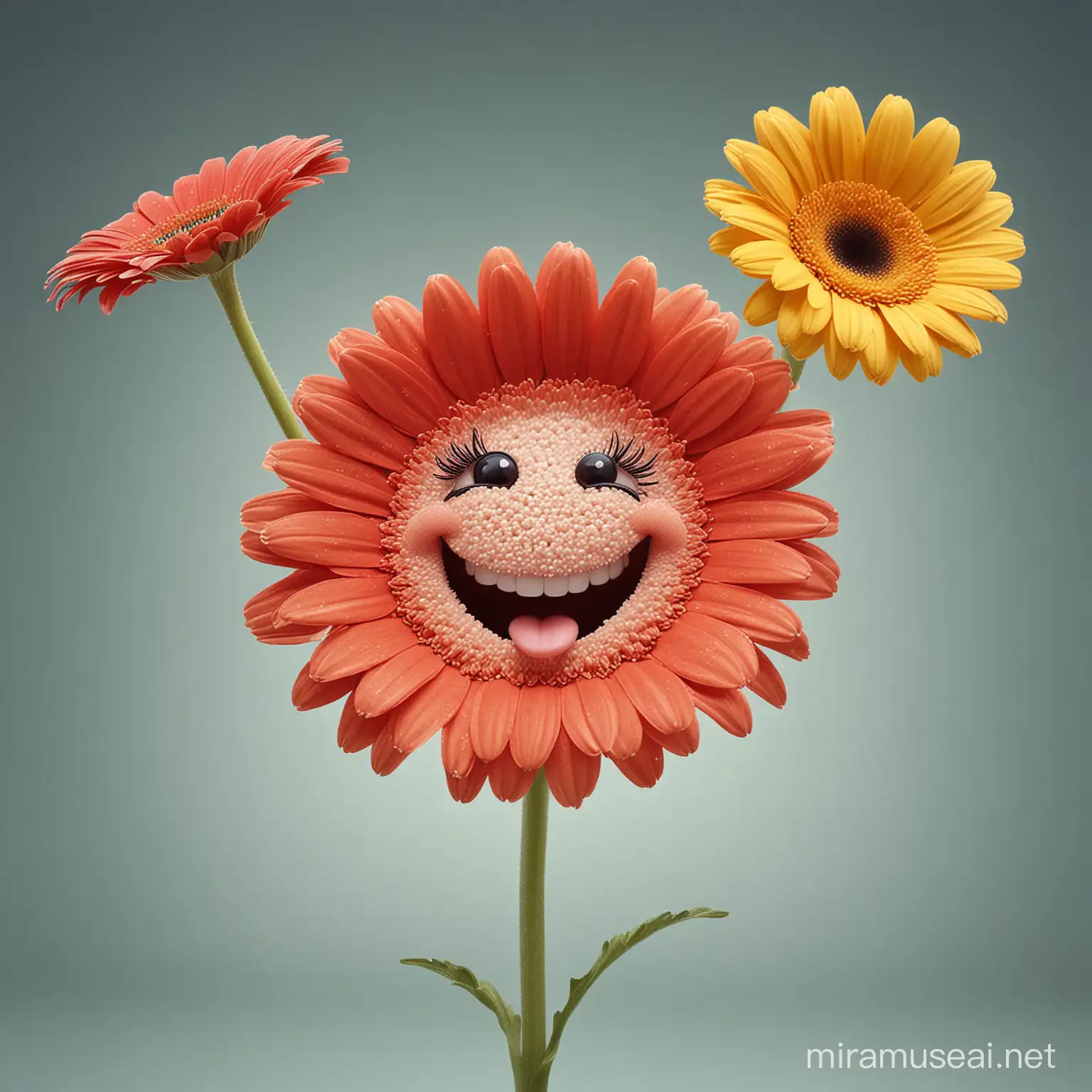 a gerbera with a smiling face and hands pointing down right, fairy tale style