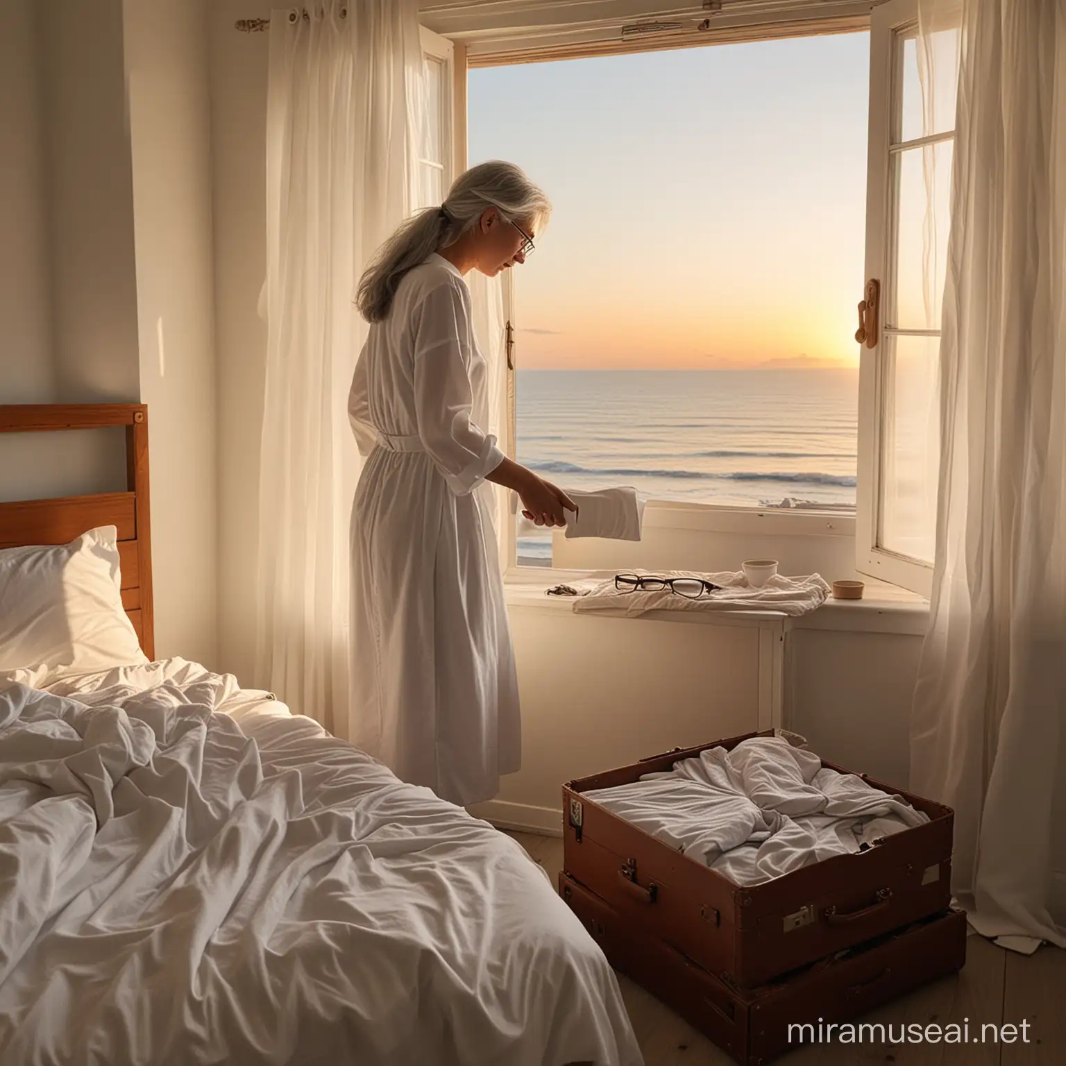 En la habitación hay dos individuos. Uno de ellos está de espaldas frente a una ventana de madera abierta, mostrando un paisaje marino al atardecer con un sol rojizo. Este individuo lleva gafas, tiene canas en el cabello y viste una túnica blanca. En primer plano, se observa una cama desordenada con sábanas blancas, mientras que frente a la cama, otro individuo joven está desempacando una maleta colocada sobre ella.