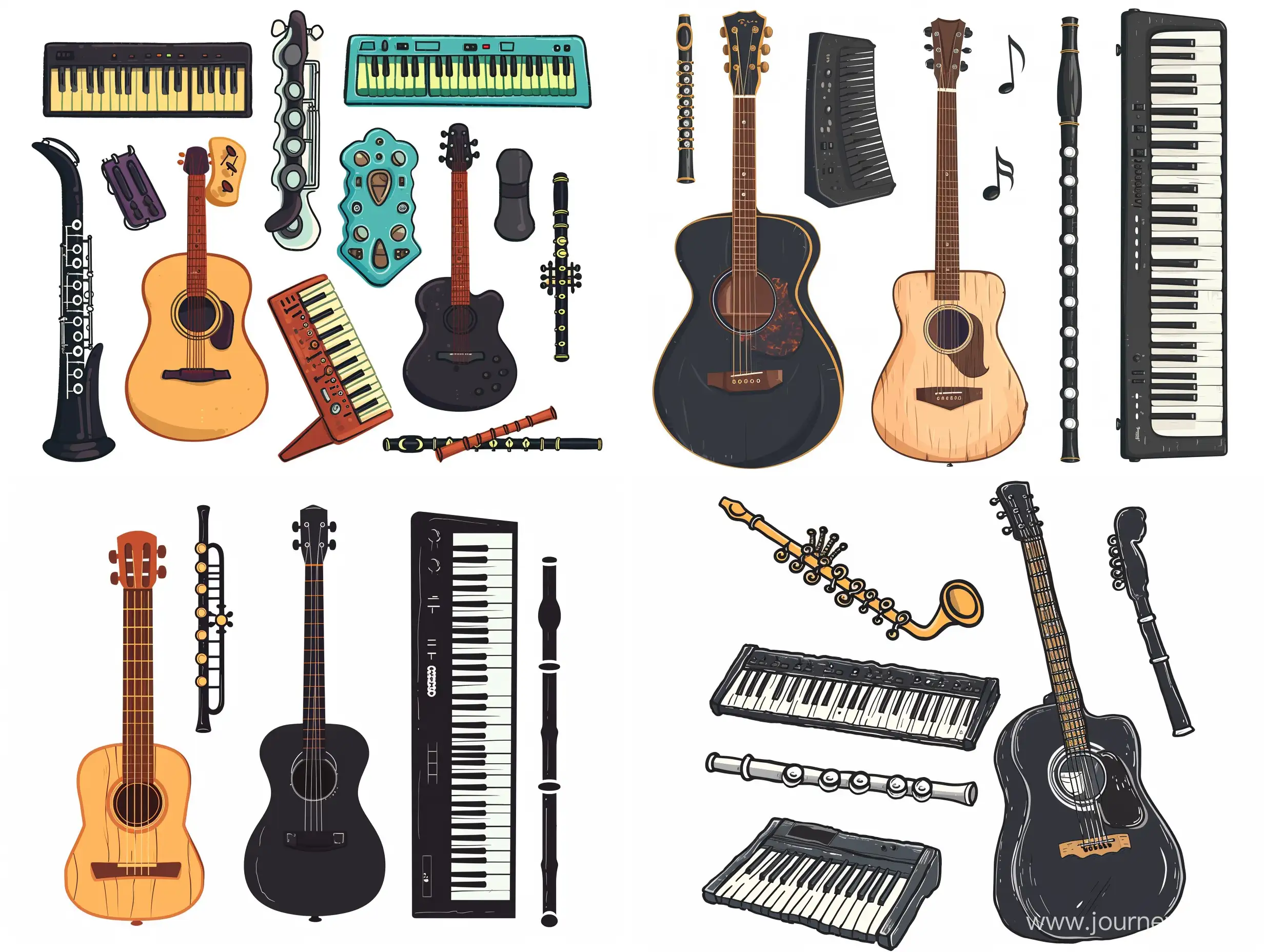 acoustic guitar, flute, keyboards, cartoon style, caricature, flat illustration, black color, on white background, vector, pop art style