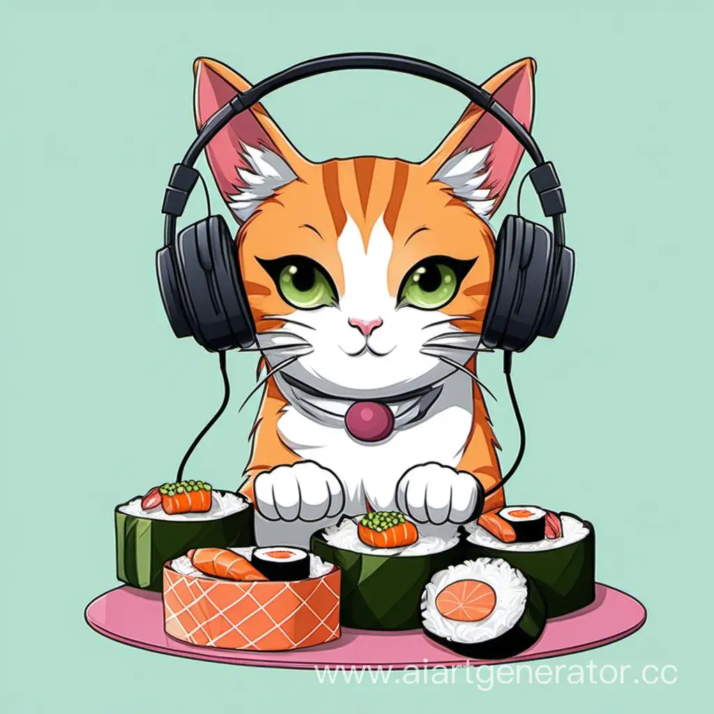 Adorable-Cat-Wearing-Headphones-Enjoys-Sushi-Rolls