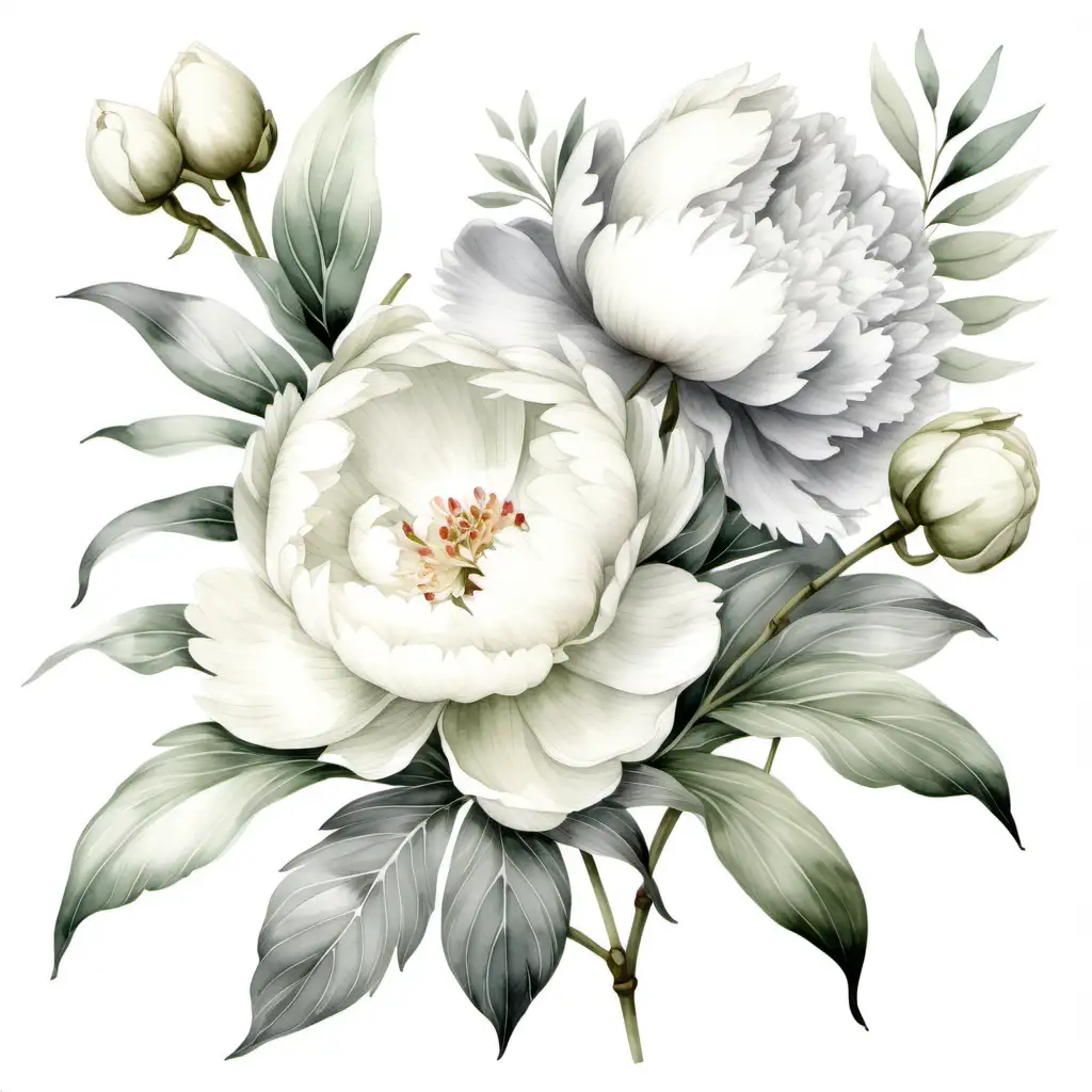 watercolor illustration of white peonies with grey-green foliage and white orchids in a corner design isolated on a solid white background in the style of Redouté